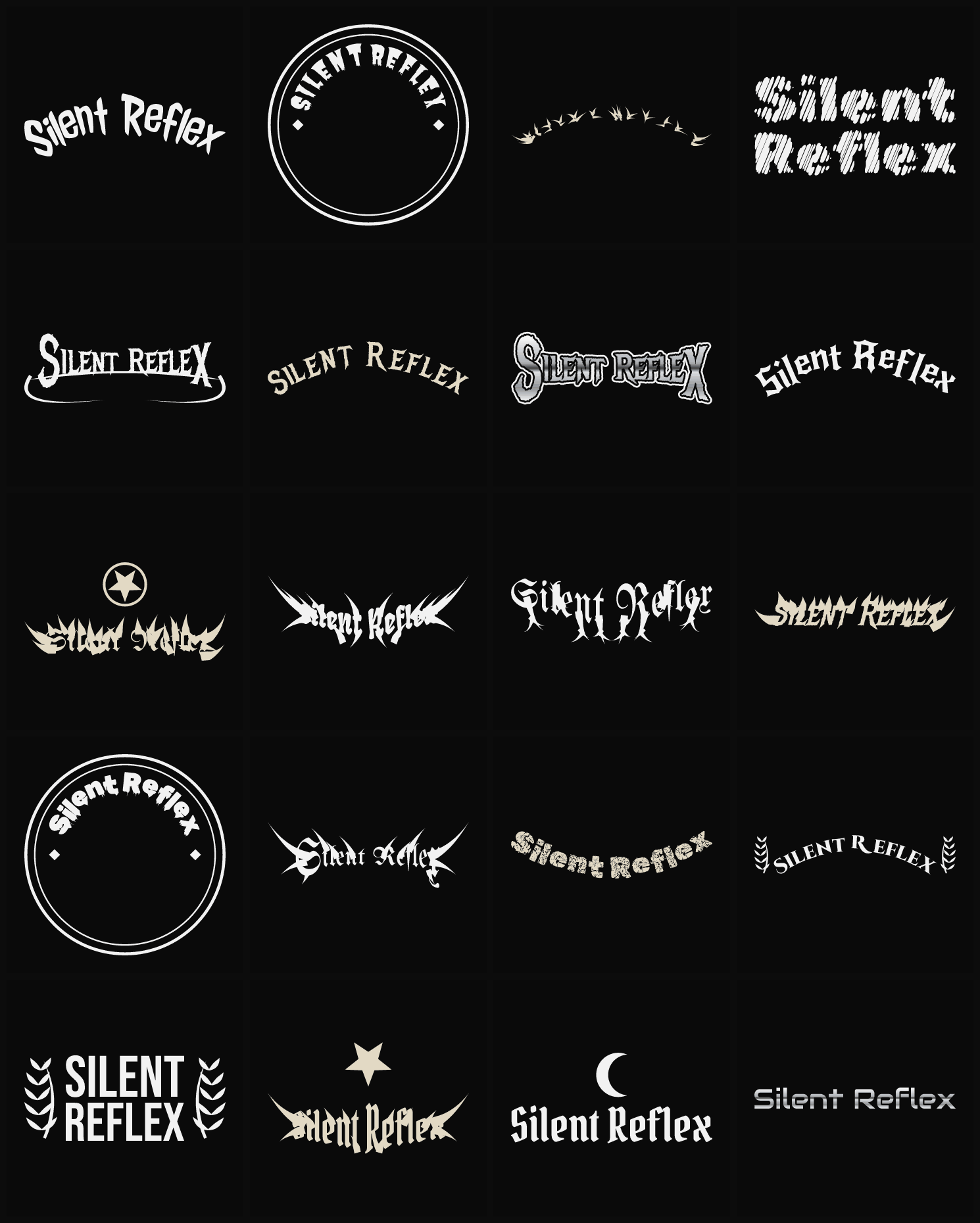 Twenty Silent Reflex band logo ideas — different faces, treatments and spike settings