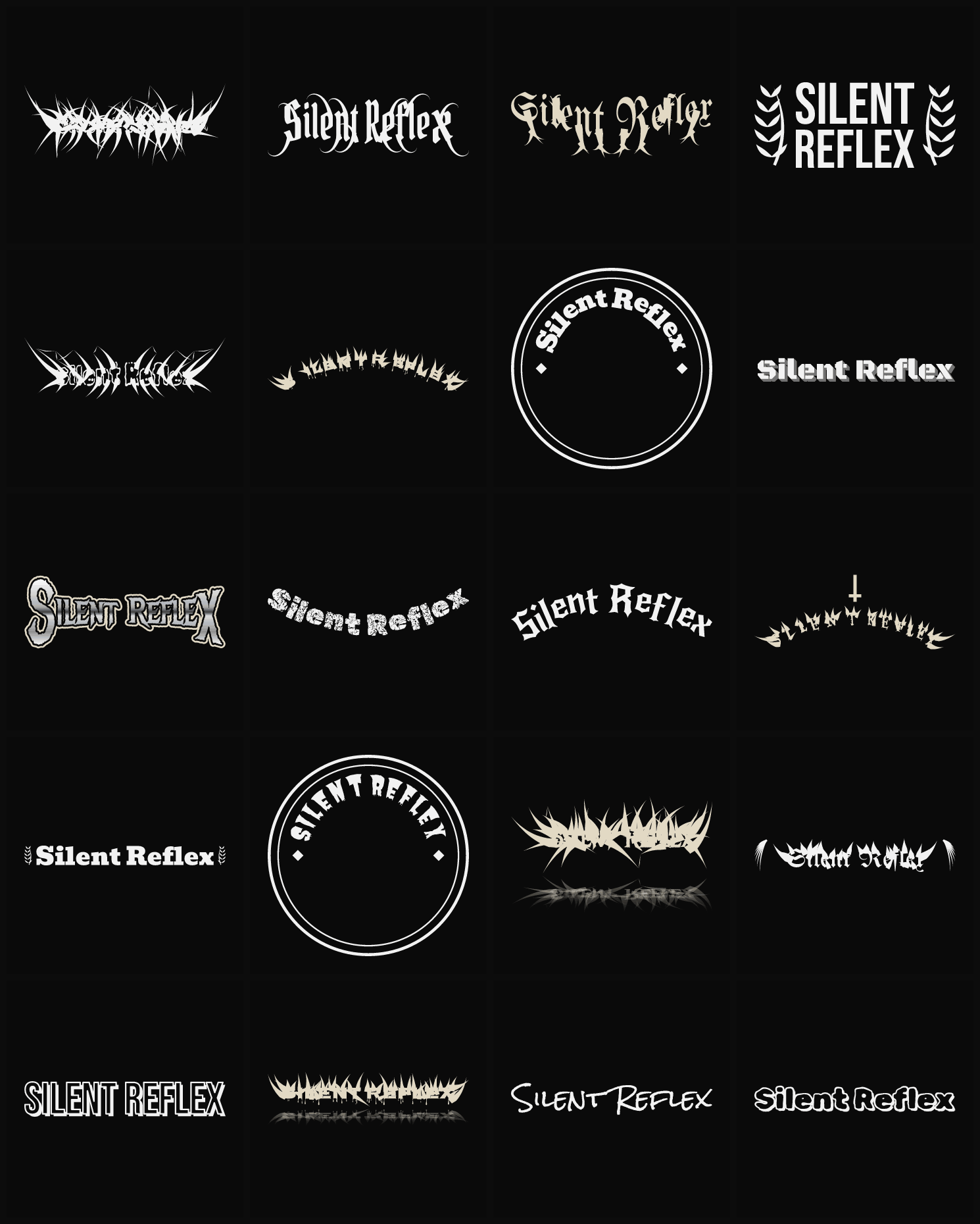 Twenty Silent Reflex band logo ideas — different faces, treatments and spike settings