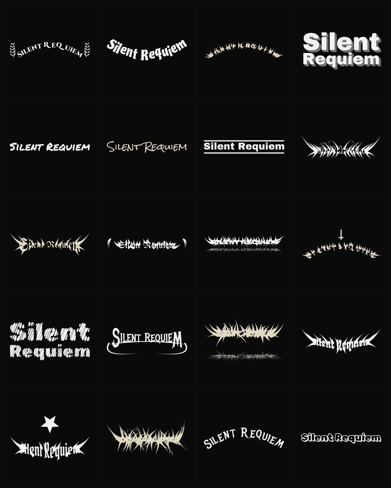 Twenty Silent Requiem band logo ideas — different faces, treatments and spike settings