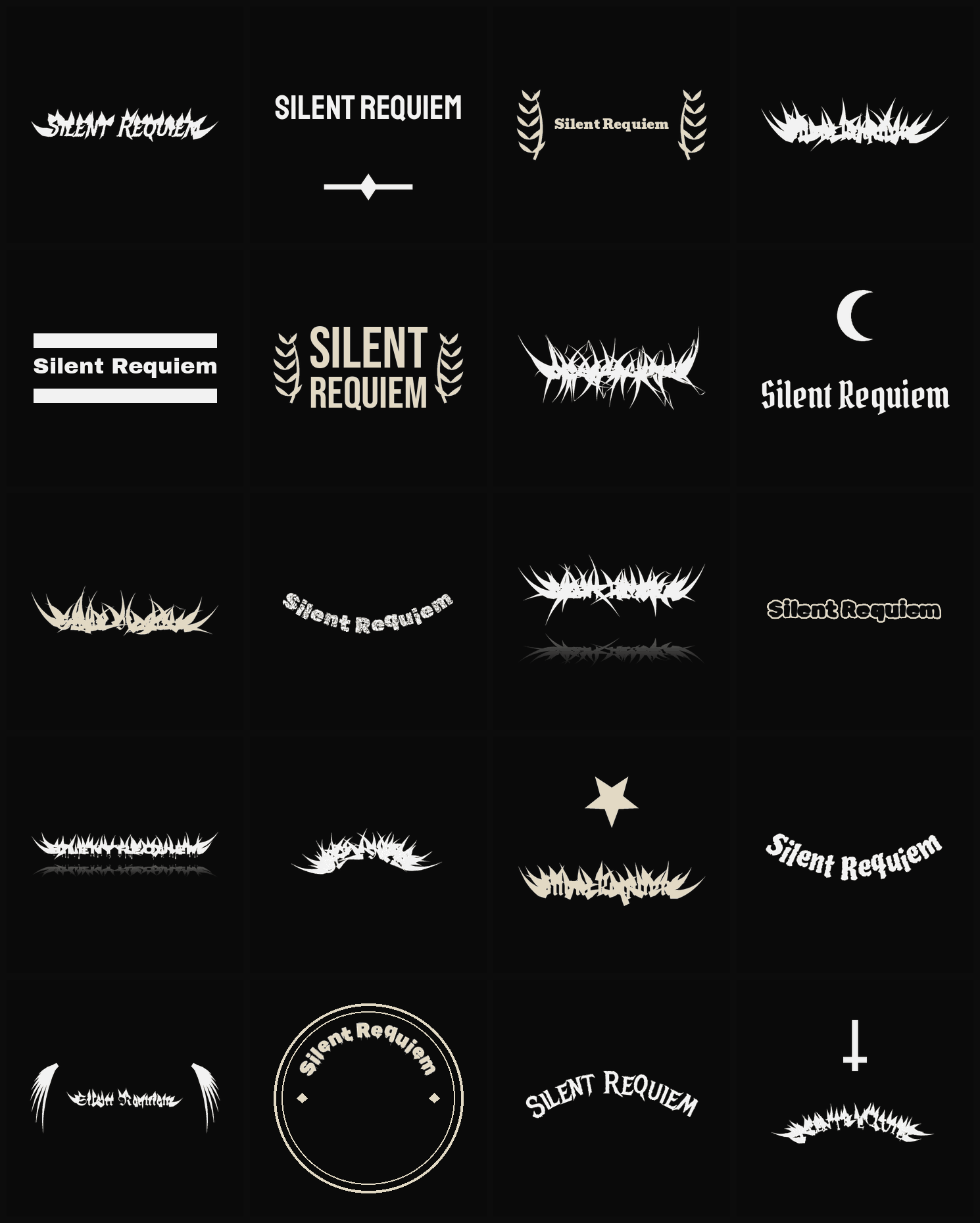Twenty Silent Requiem band logo ideas — different faces, treatments and spike settings
