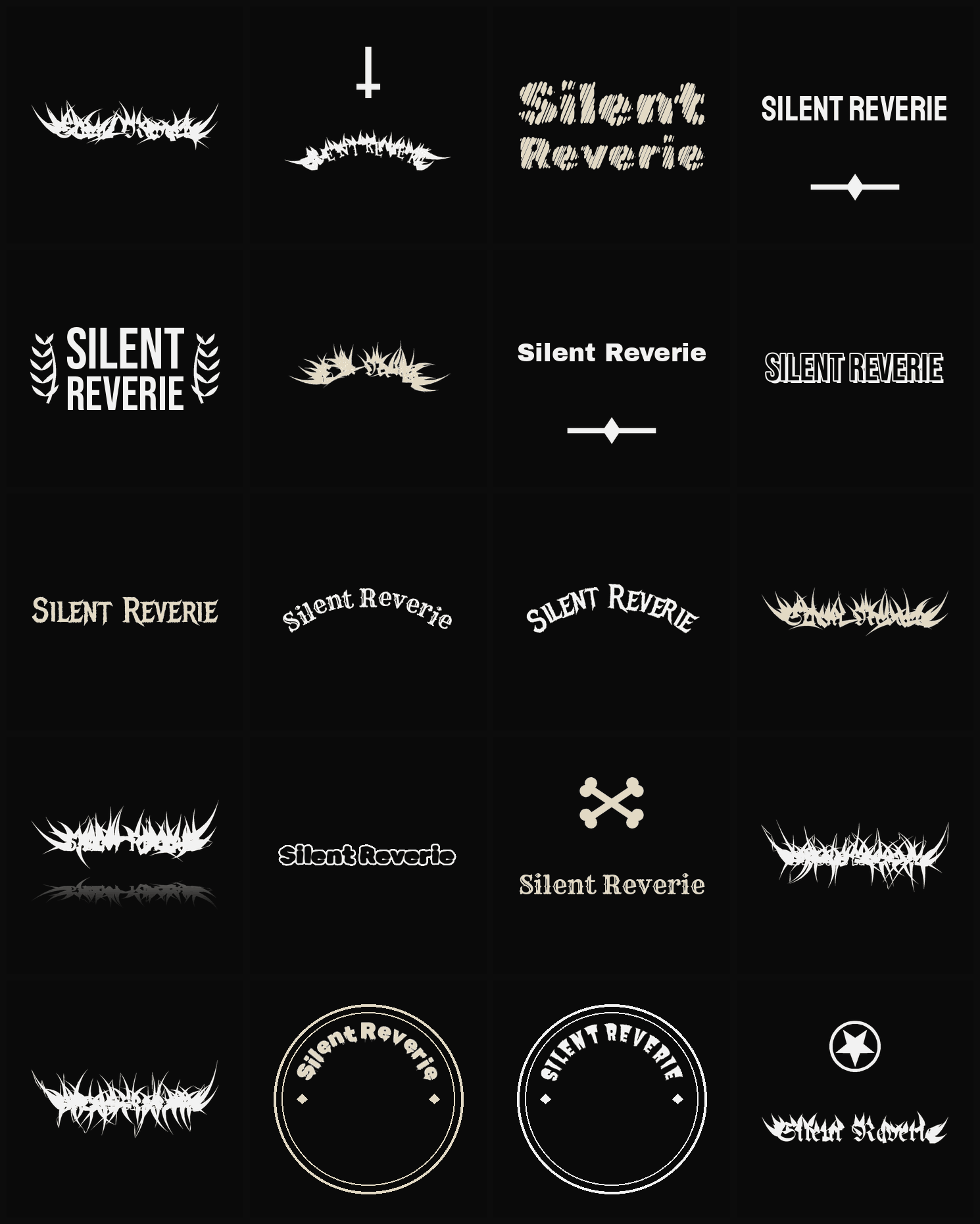 Twenty Silent Reverie band logo ideas — different faces, treatments and spike settings