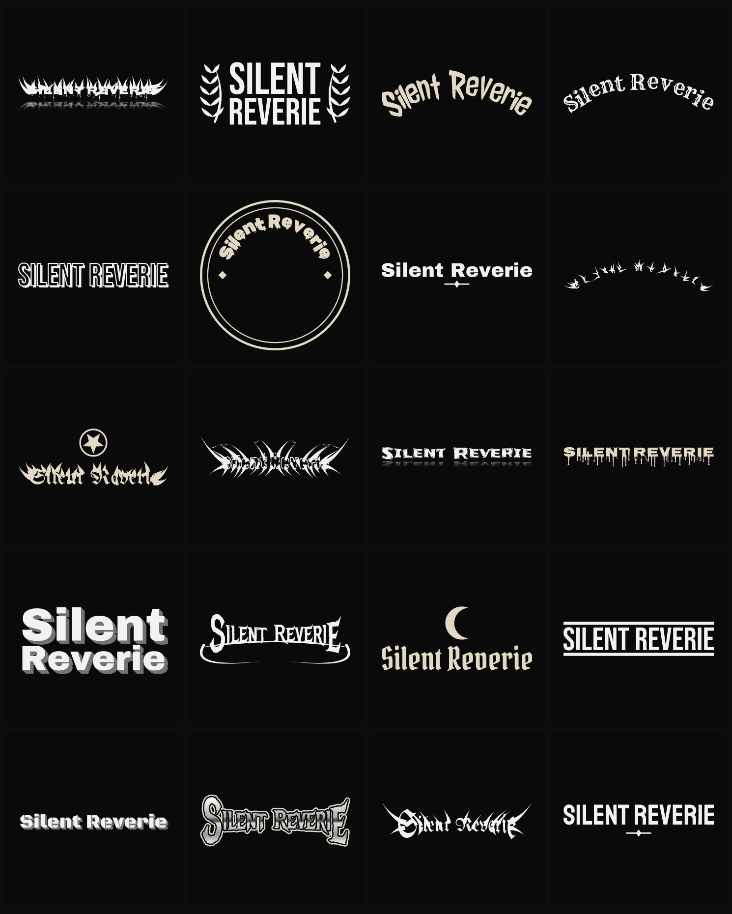 Twenty Silent Reverie band logo ideas — different faces, treatments and spike settings