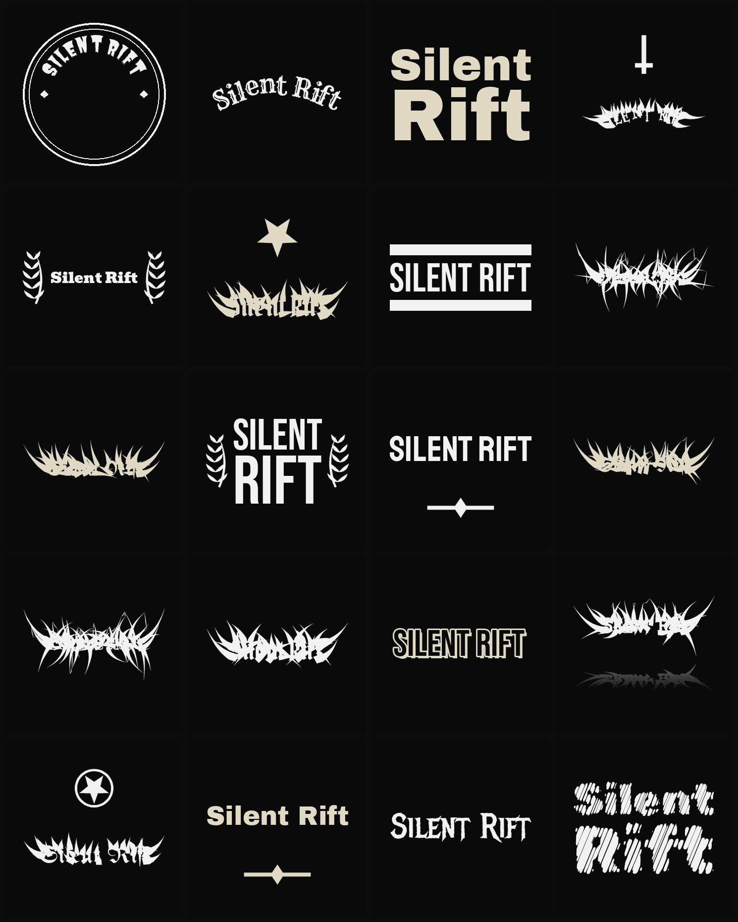 Twenty Silent Rift band logo ideas — different faces, treatments and spike settings