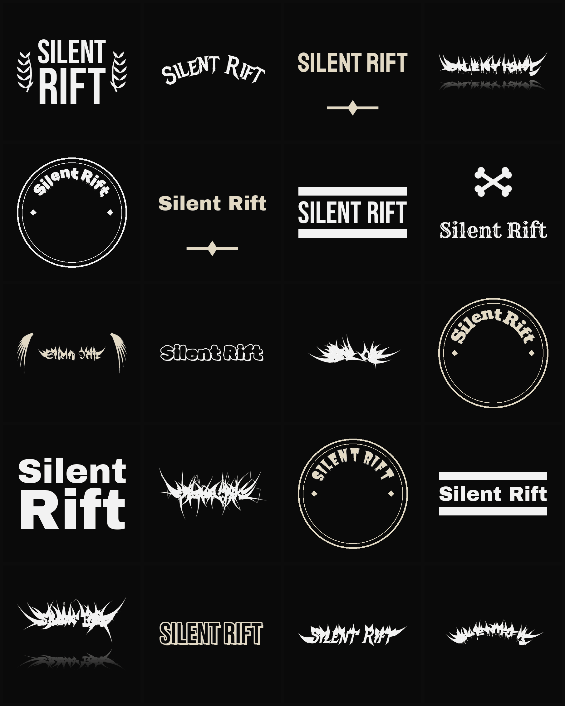 Twenty Silent Rift band logo ideas — different faces, treatments and spike settings