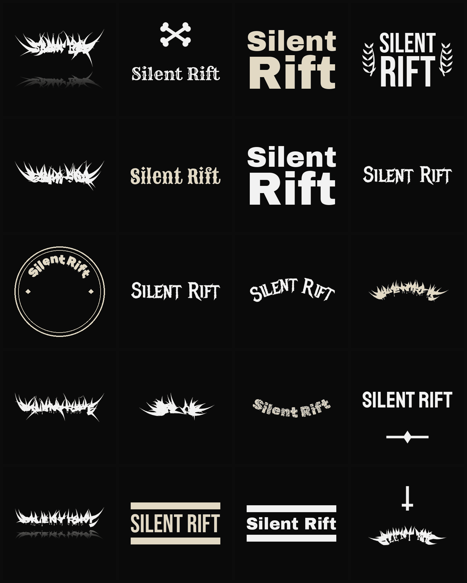 Twenty Silent Rift band logo ideas — different faces, treatments and spike settings