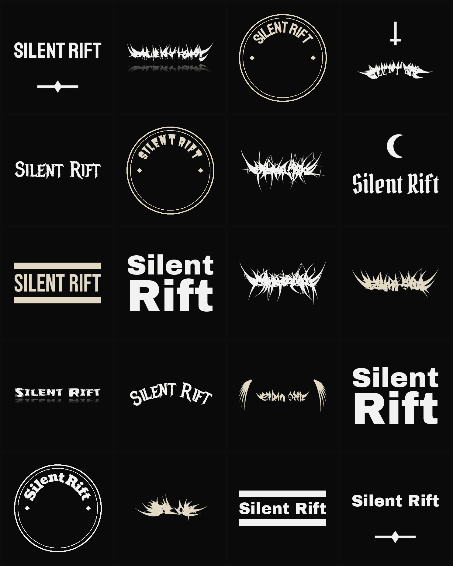 Twenty Silent Rift band logo ideas — different faces, treatments and spike settings
