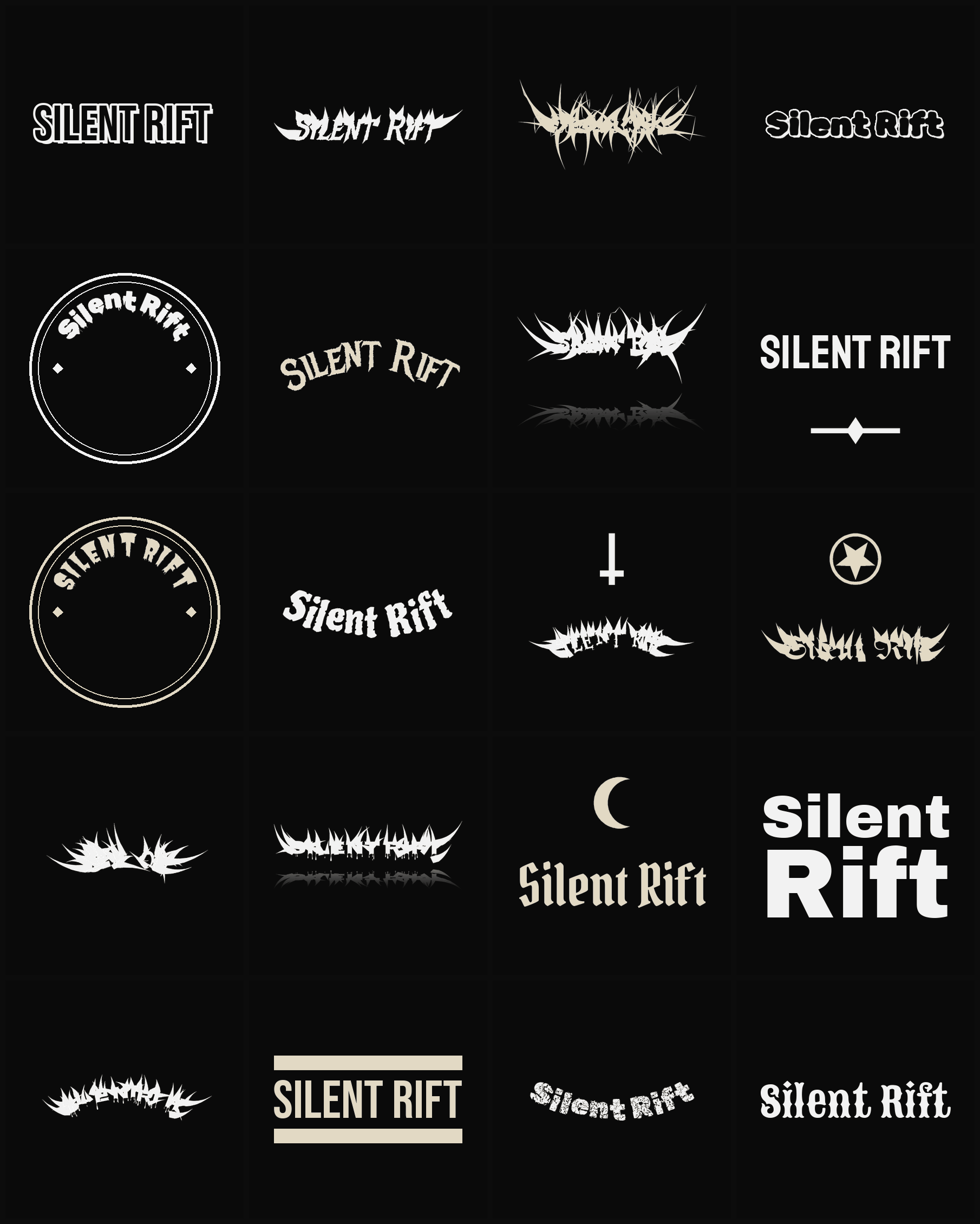 Twenty Silent Rift band logo ideas — different faces, treatments and spike settings