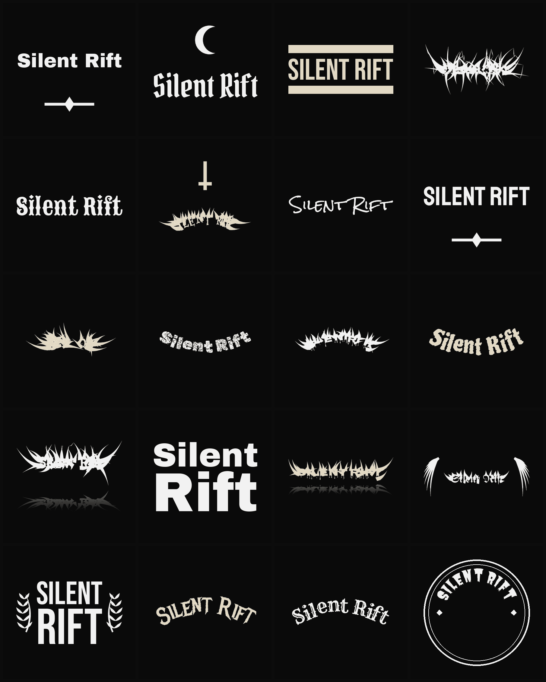 Twenty Silent Rift band logo ideas — different faces, treatments and spike settings