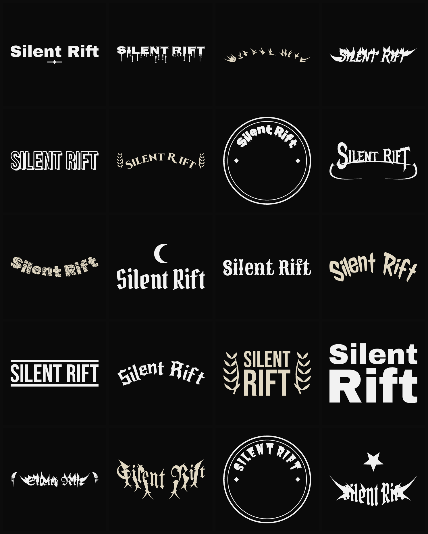 Twenty Silent Rift band logo ideas — different faces, treatments and spike settings