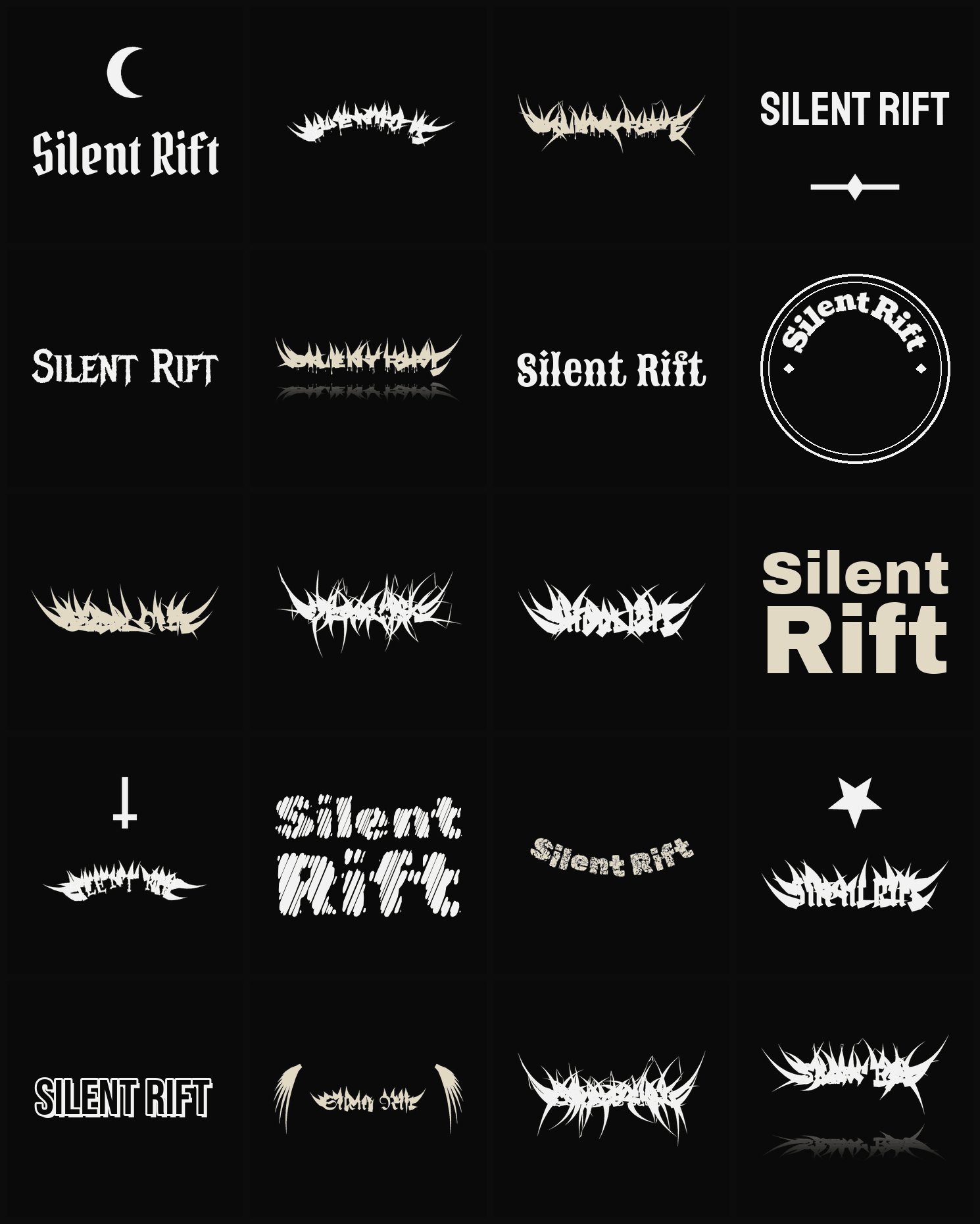 Twenty Silent Rift band logo ideas — different faces, treatments and spike settings