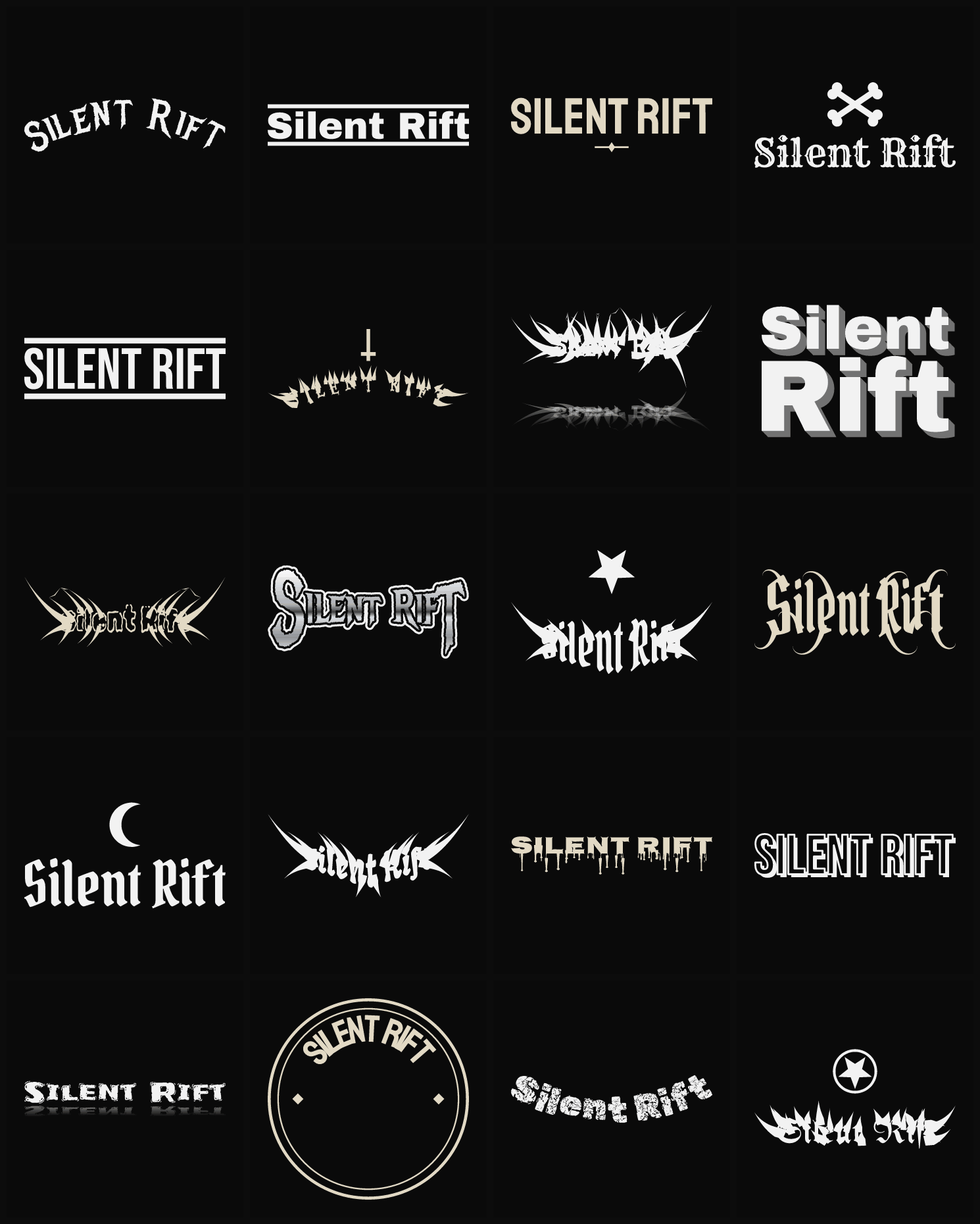Twenty Silent Rift band logo ideas — different faces, treatments and spike settings