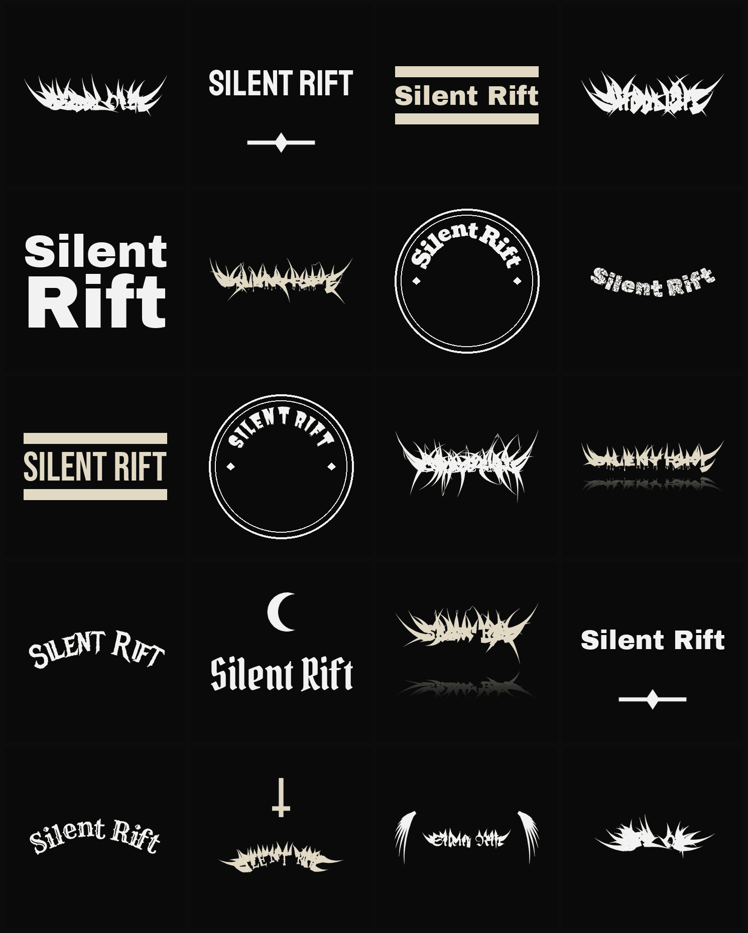 Twenty Silent Rift band logo ideas — different faces, treatments and spike settings