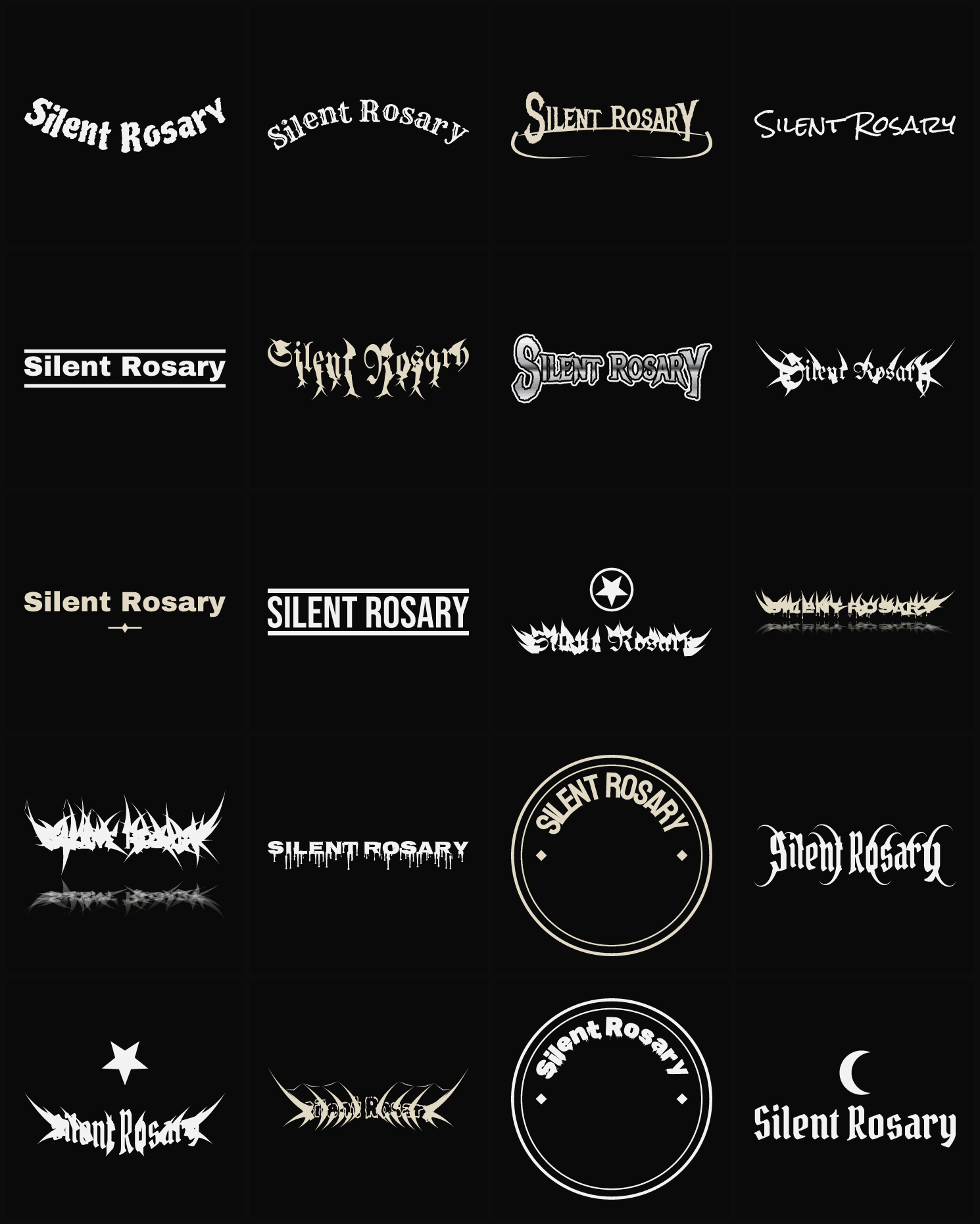 Twenty Silent Rosary band logo ideas — different faces, treatments and spike settings