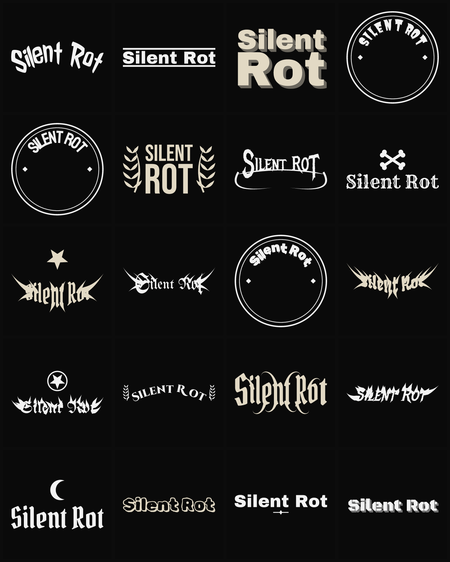 Twenty Silent Rot band logo ideas — different faces, treatments and spike settings