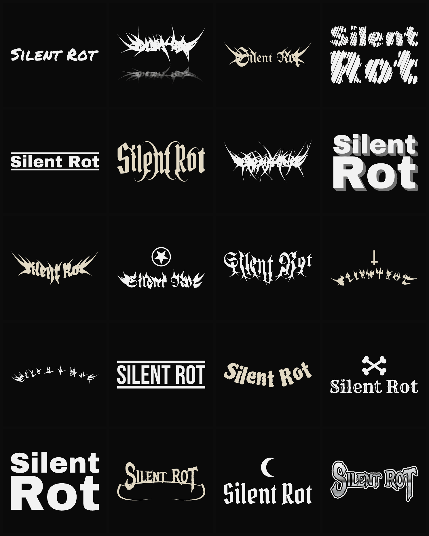 Twenty Silent Rot band logo ideas — different faces, treatments and spike settings