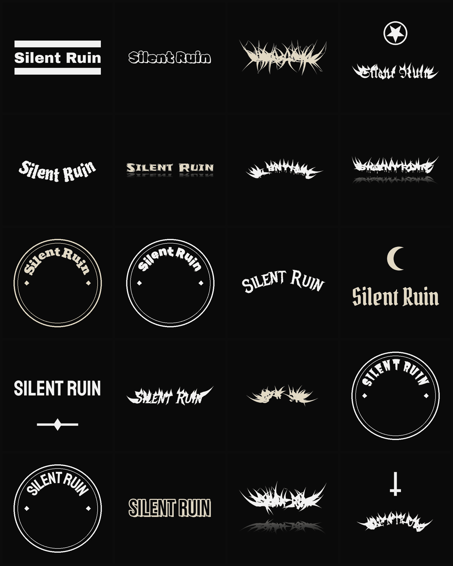 Twenty Silent Ruin band logo ideas — different faces, treatments and spike settings