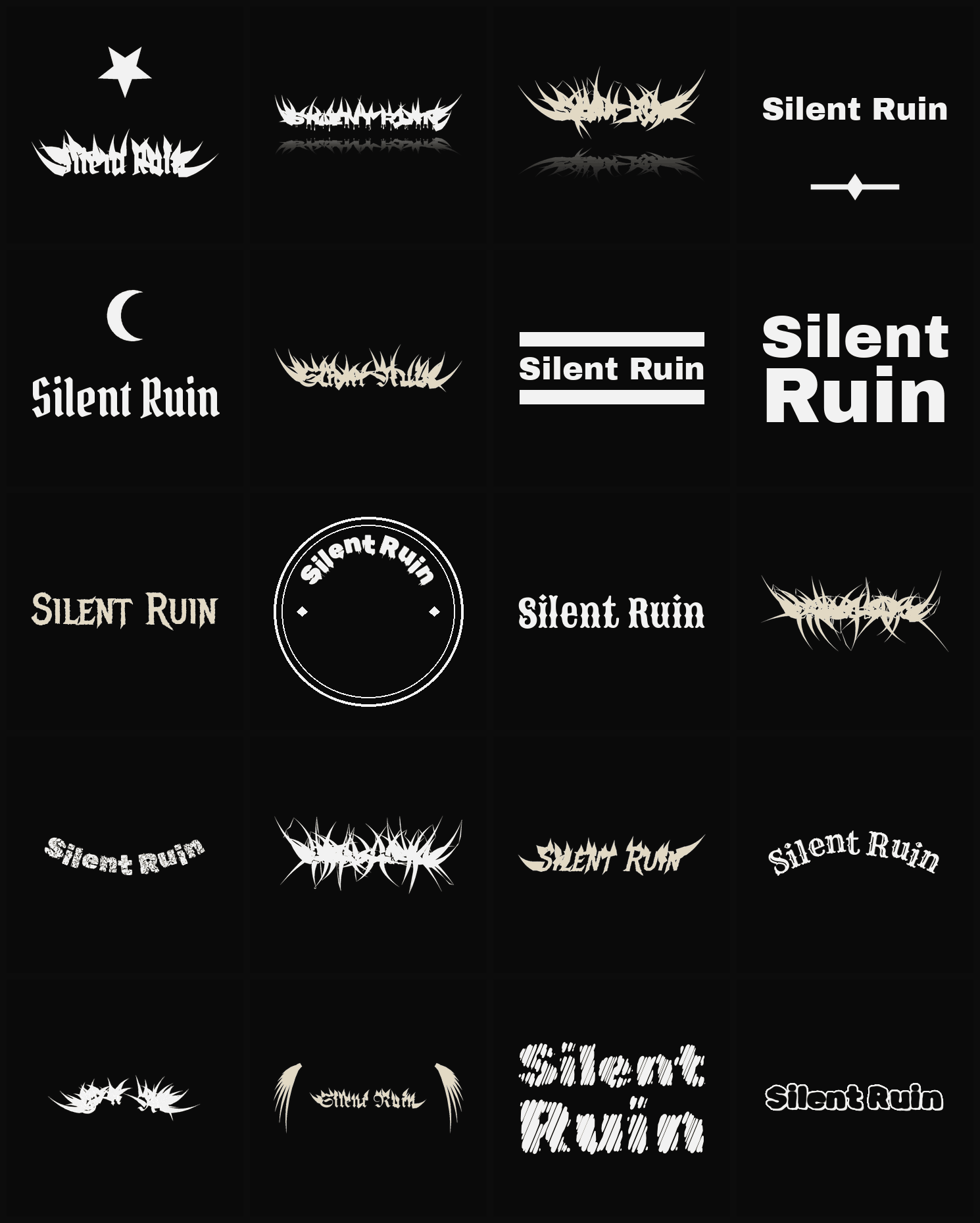 Twenty Silent Ruin band logo ideas — different faces, treatments and spike settings