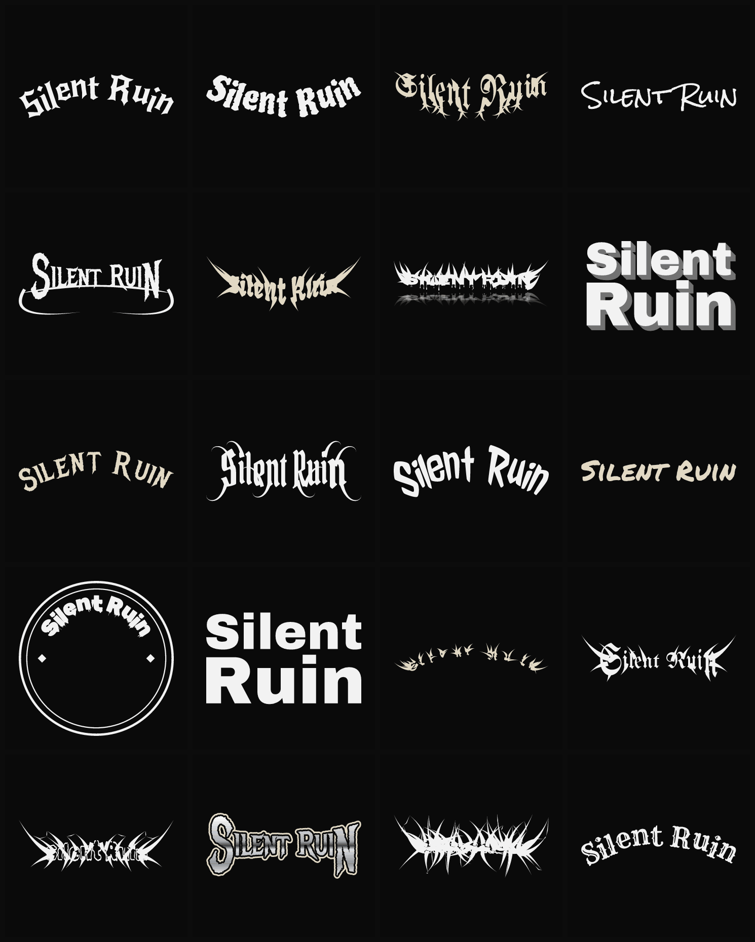 Twenty Silent Ruin band logo ideas — different faces, treatments and spike settings
