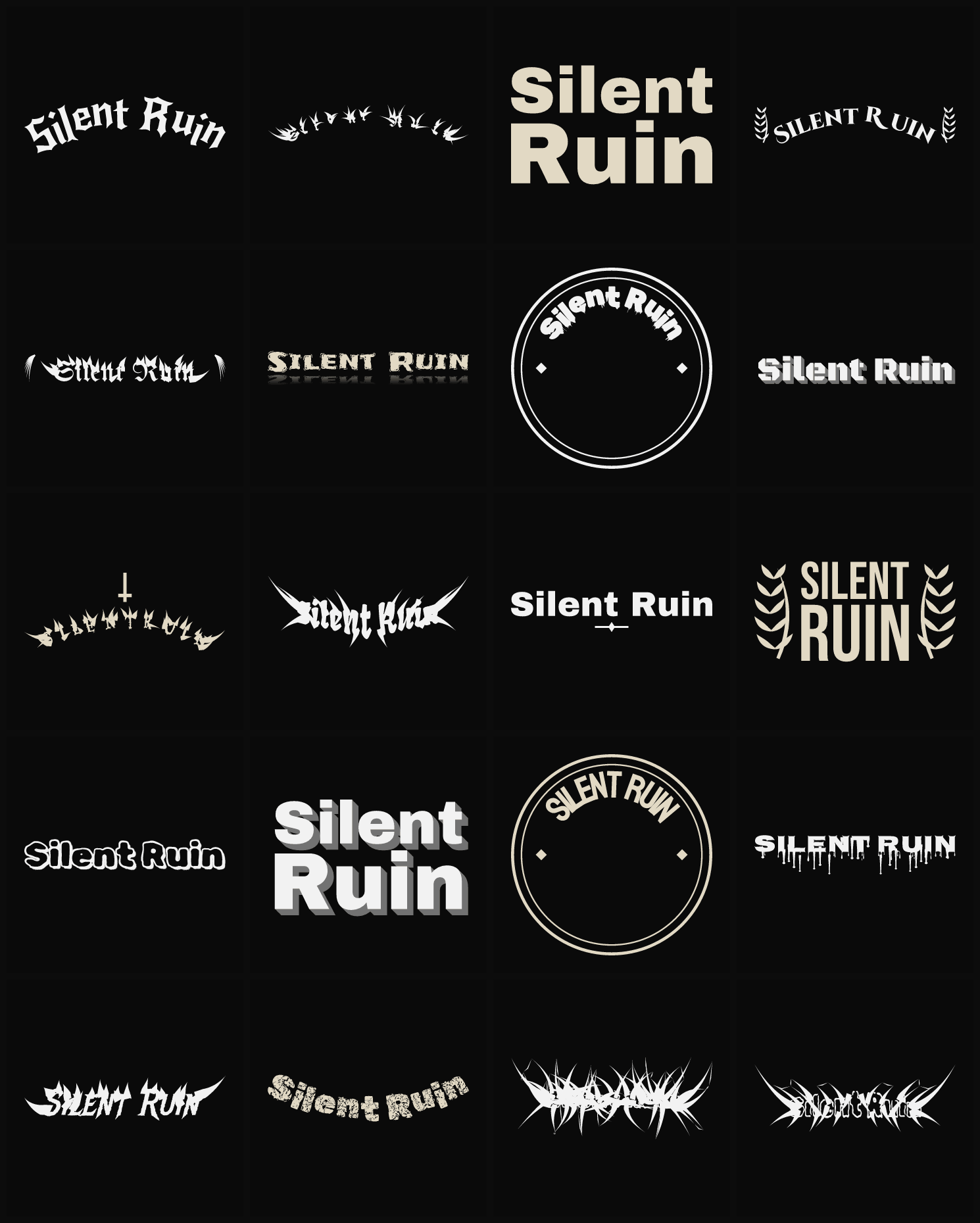 Twenty Silent Ruin band logo ideas — different faces, treatments and spike settings