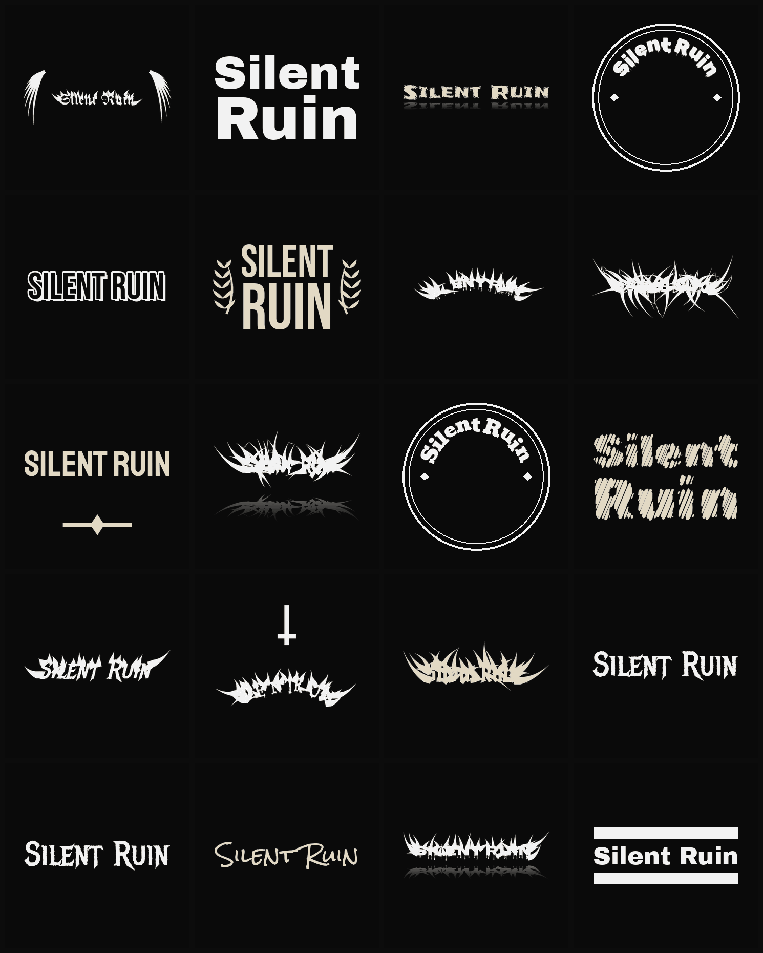 Twenty Silent Ruin band logo ideas — different faces, treatments and spike settings
