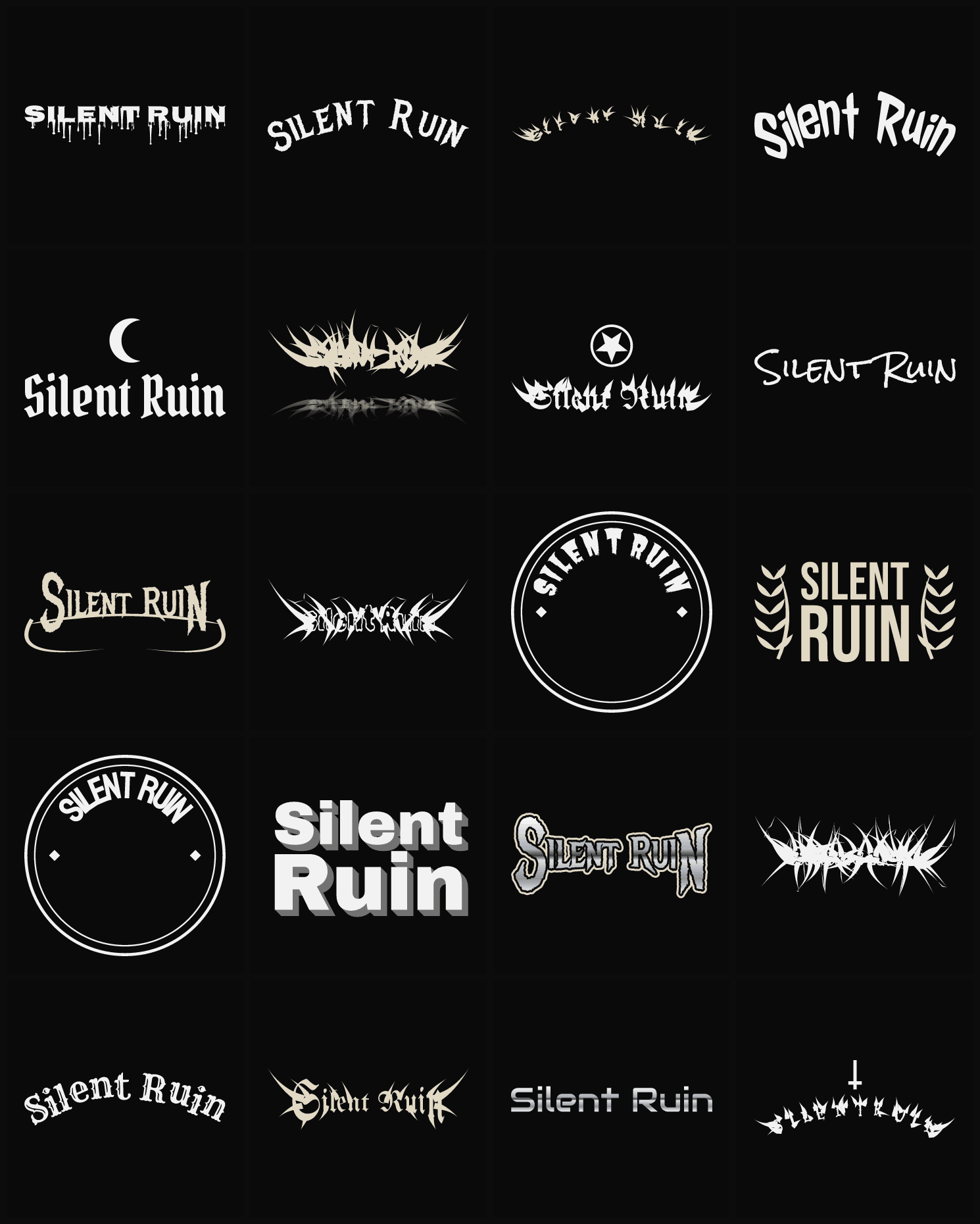Twenty Silent Ruin band logo ideas — different faces, treatments and spike settings