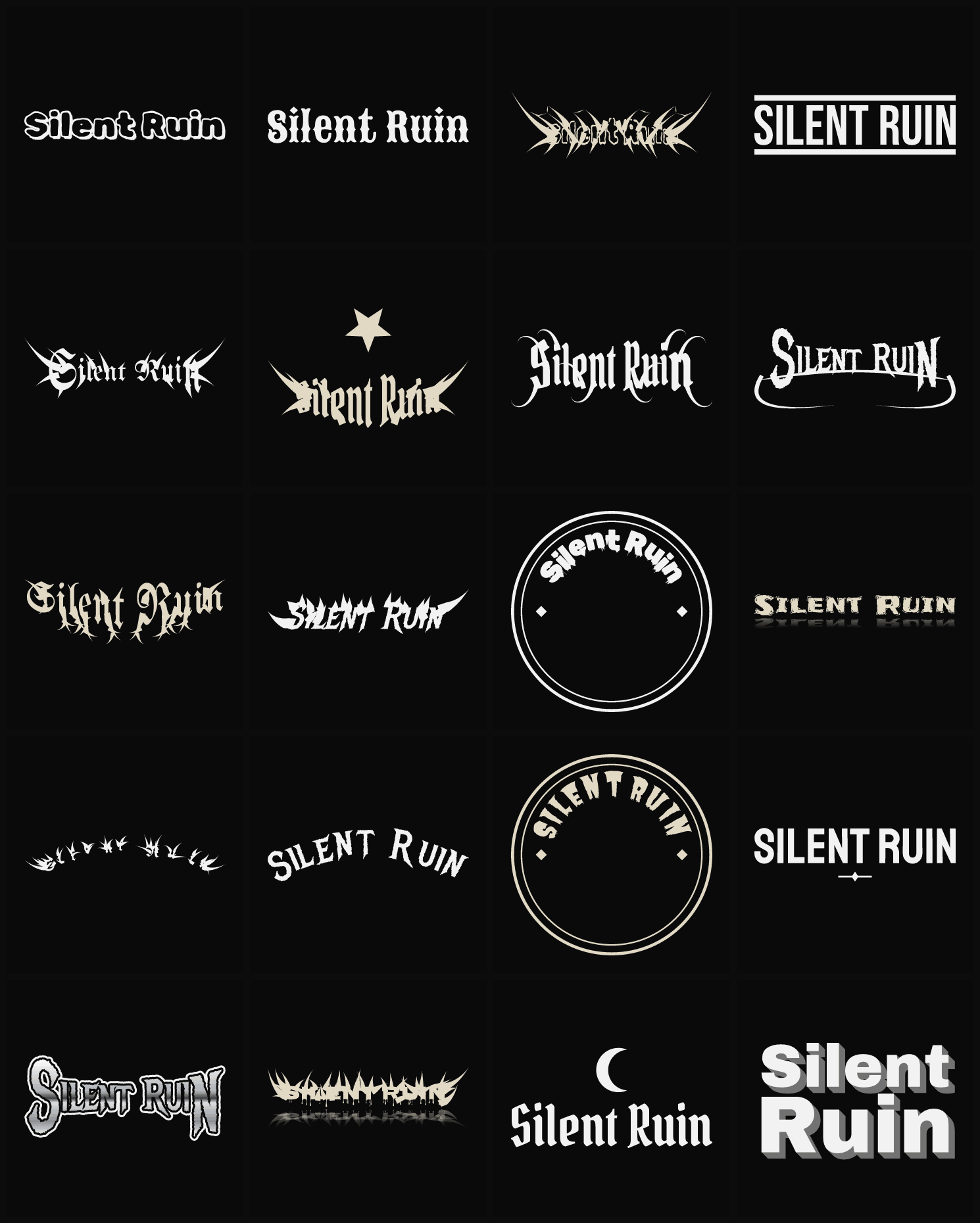 Twenty Silent Ruin band logo ideas — different faces, treatments and spike settings