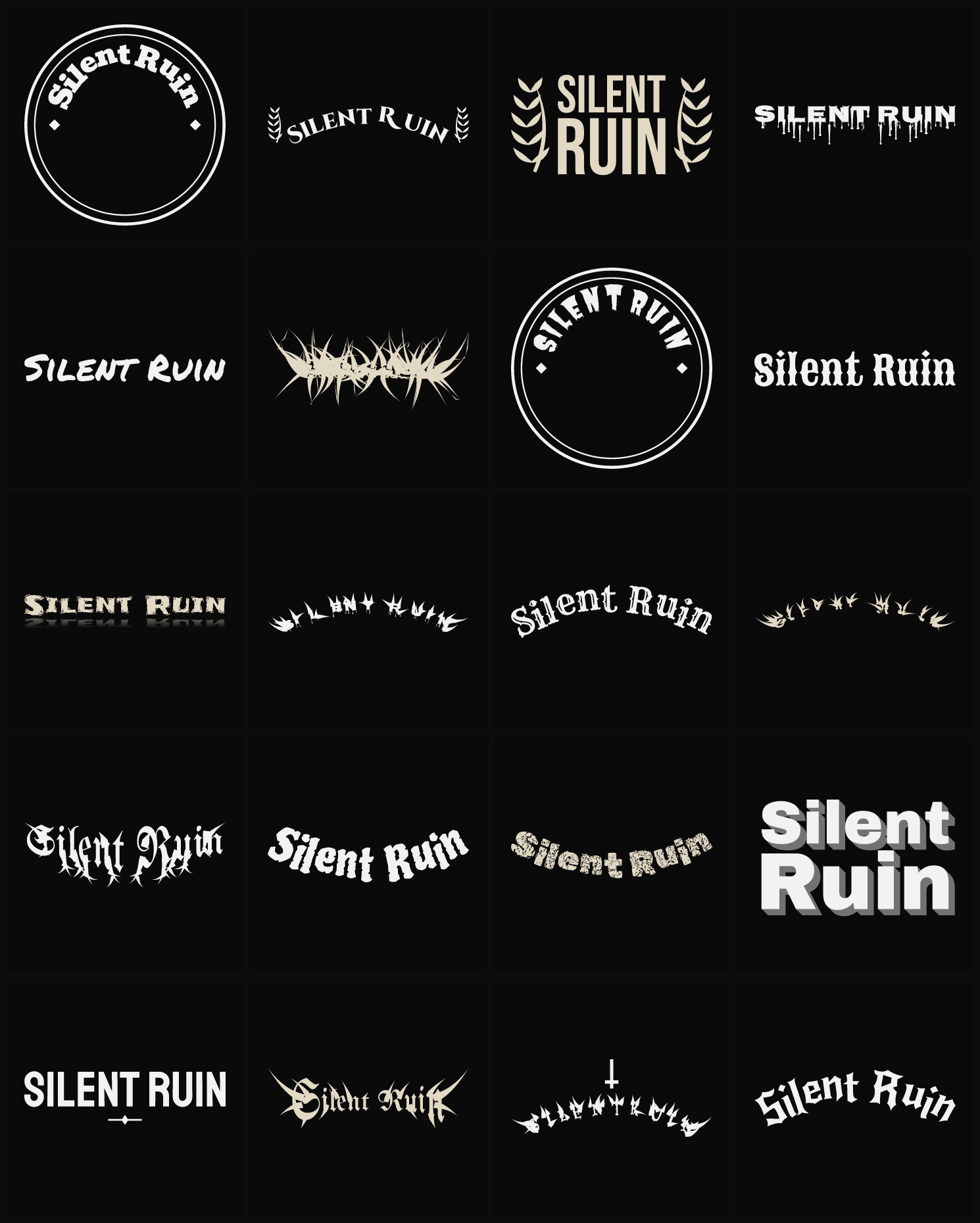 Twenty Silent Ruin band logo ideas — different faces, treatments and spike settings