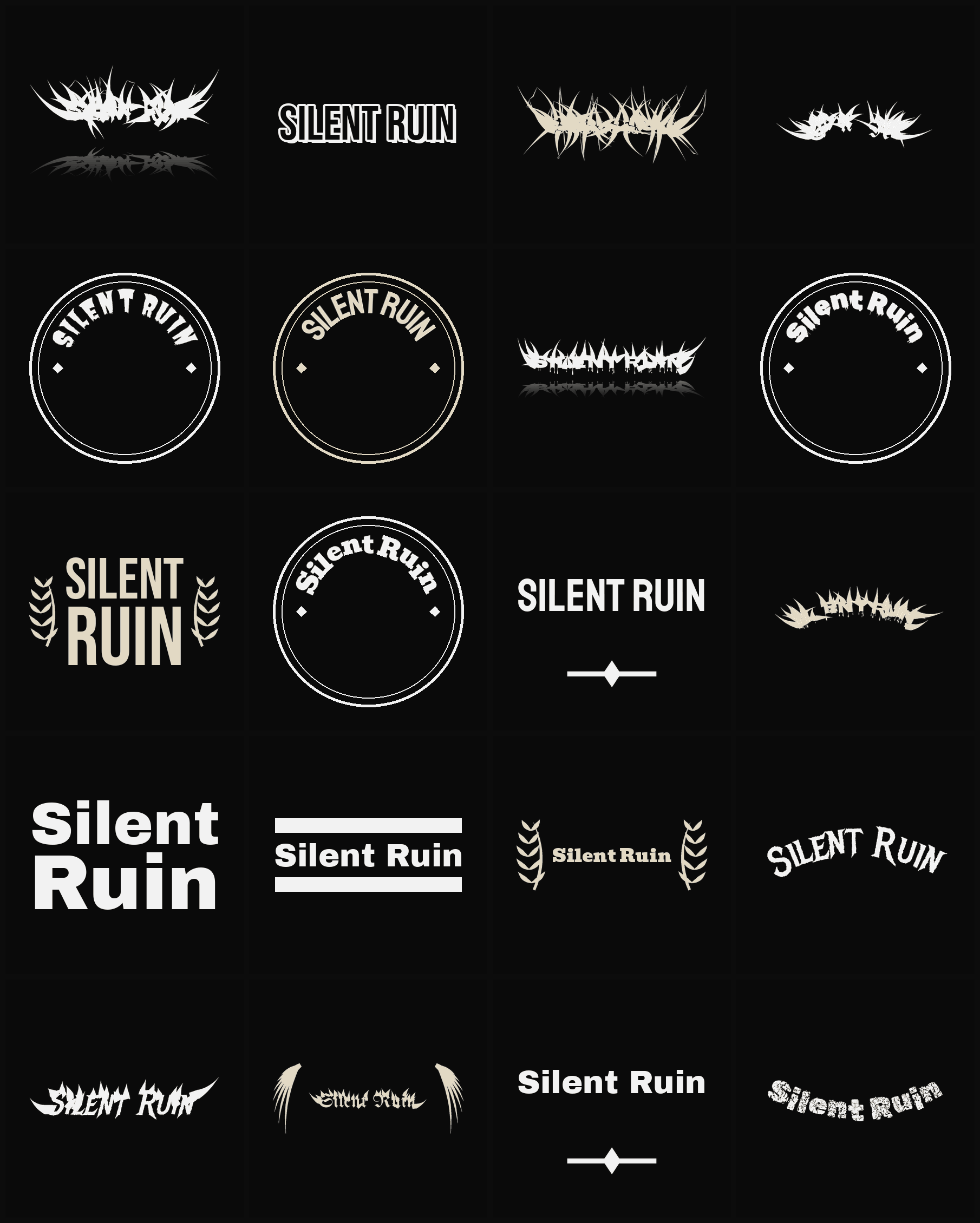 Twenty Silent Ruin band logo ideas — different faces, treatments and spike settings