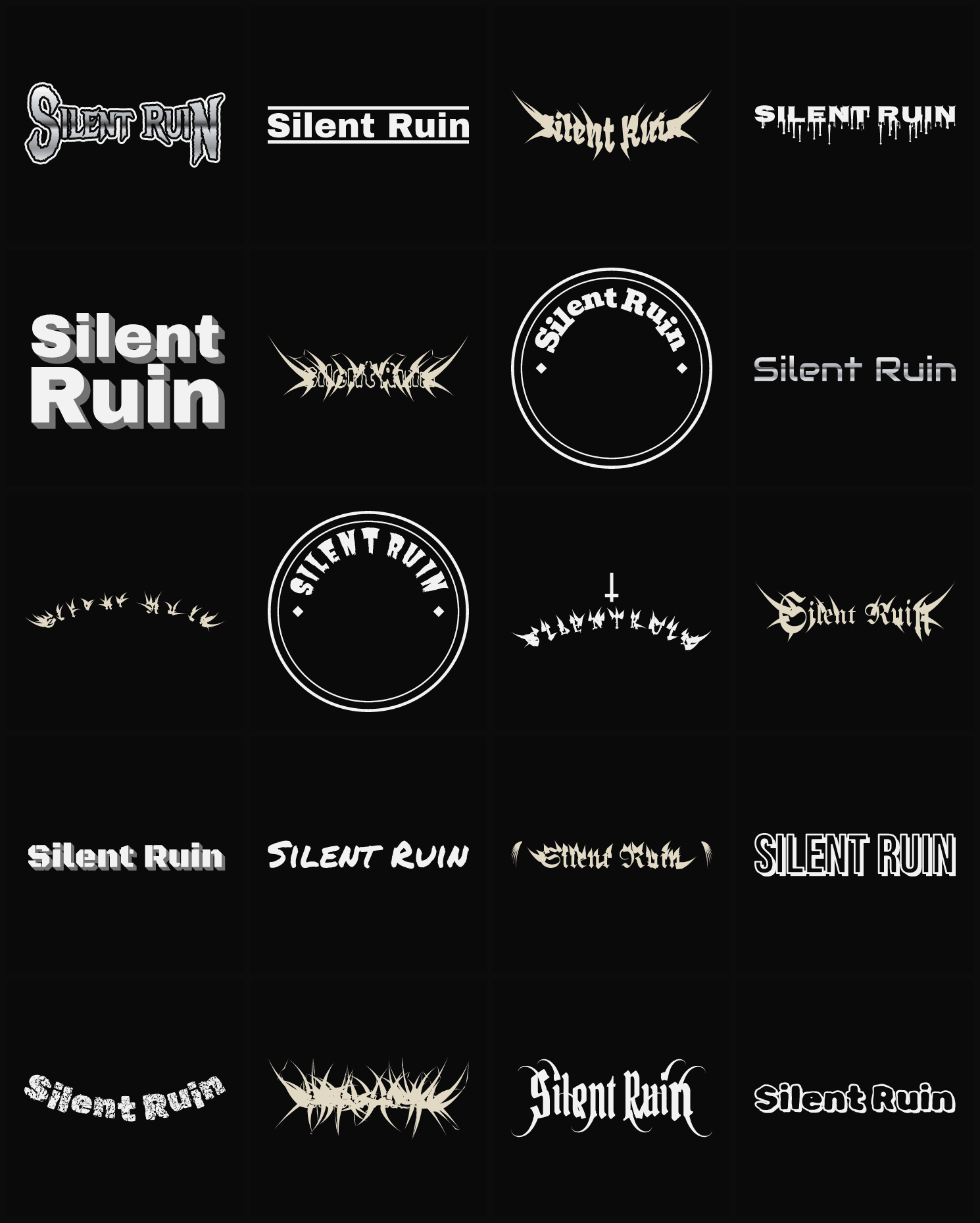 Twenty Silent Ruin band logo ideas — different faces, treatments and spike settings
