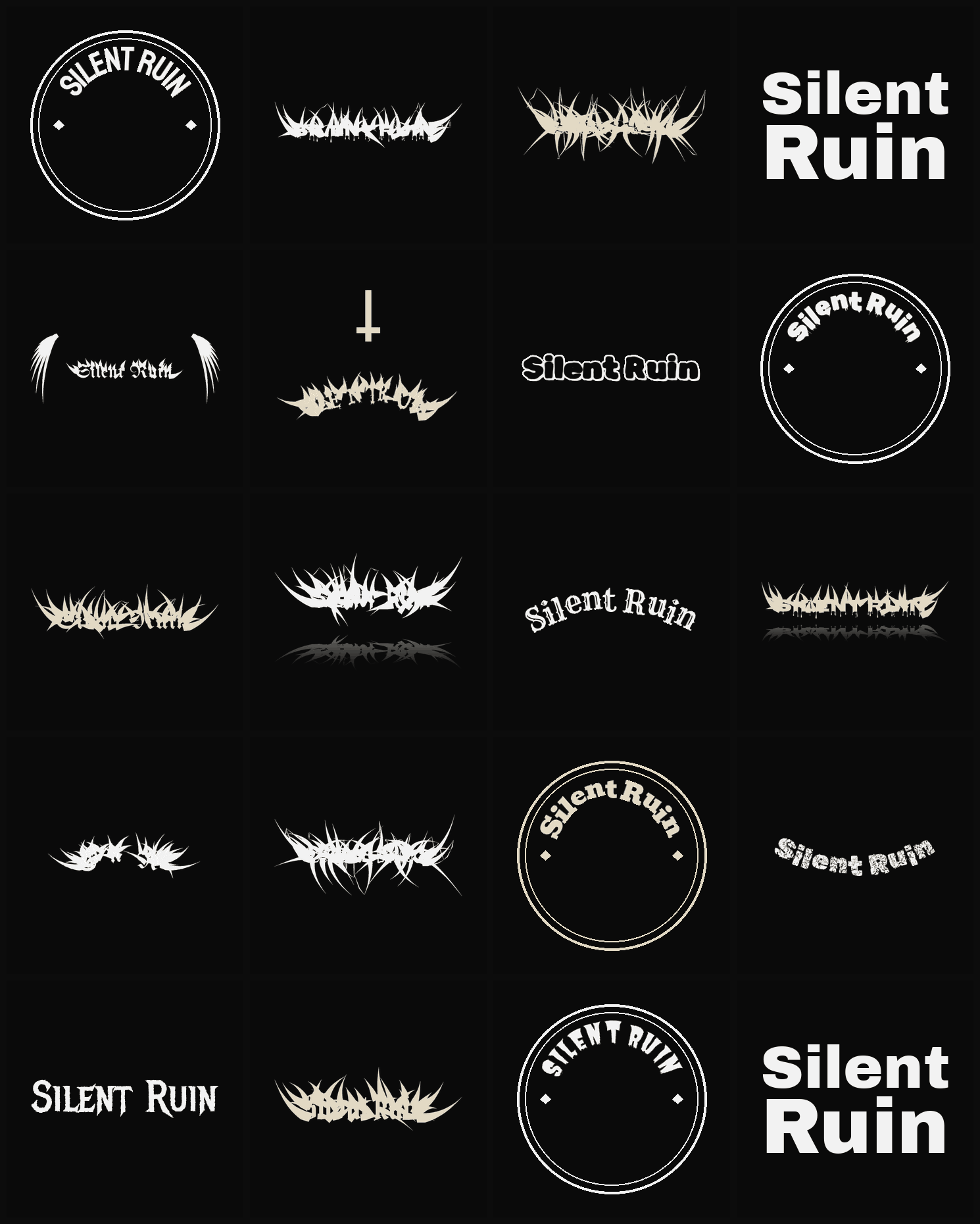 Twenty Silent Ruin band logo ideas — different faces, treatments and spike settings