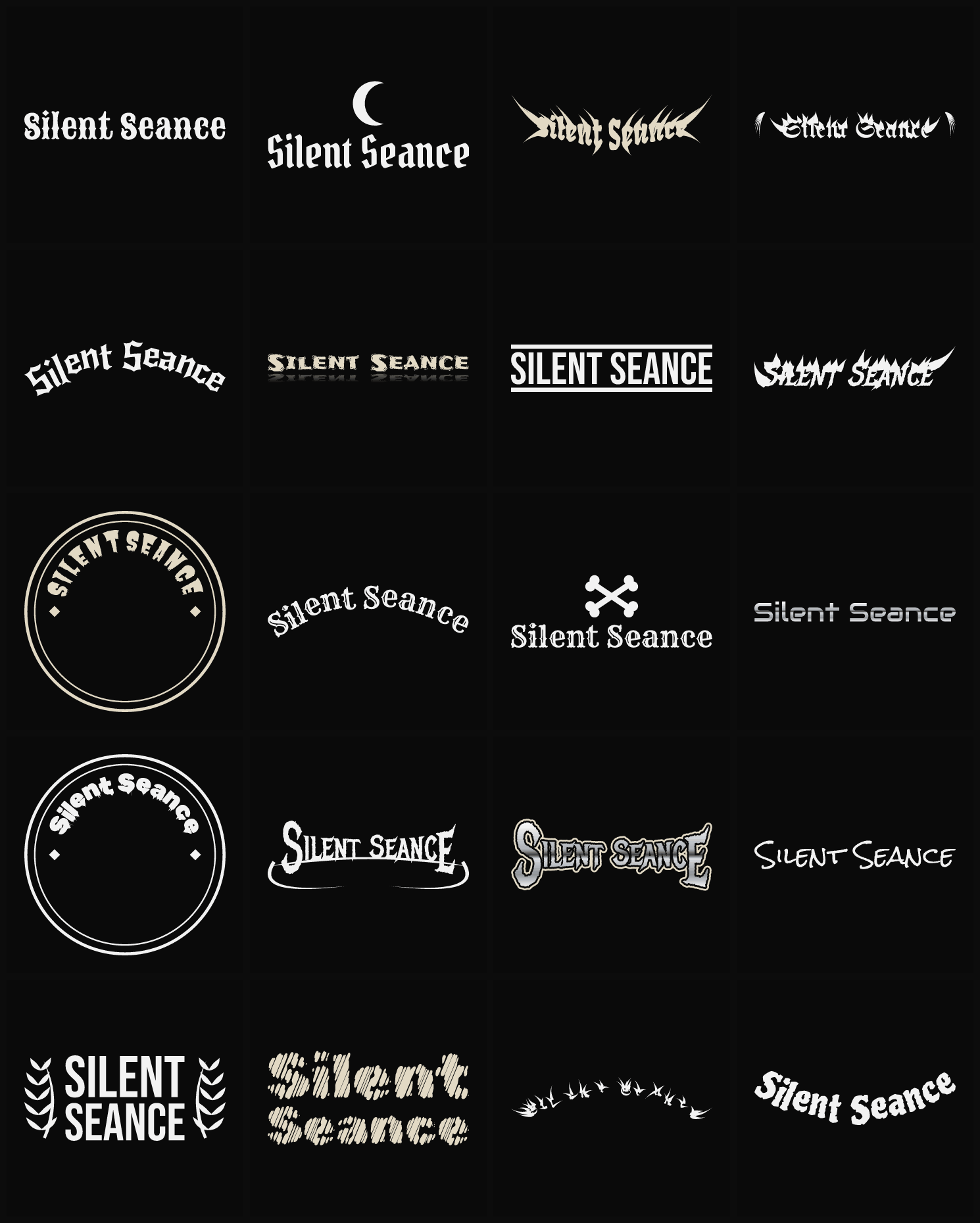 Twenty Silent Seance band logo ideas — different faces, treatments and spike settings