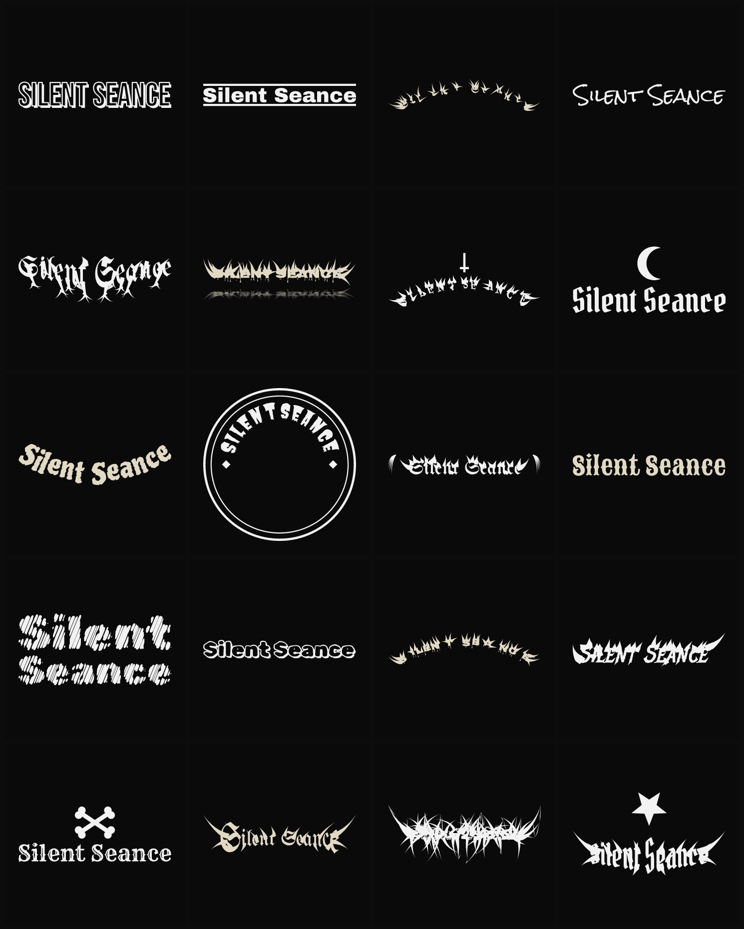 Twenty Silent Seance band logo ideas — different faces, treatments and spike settings