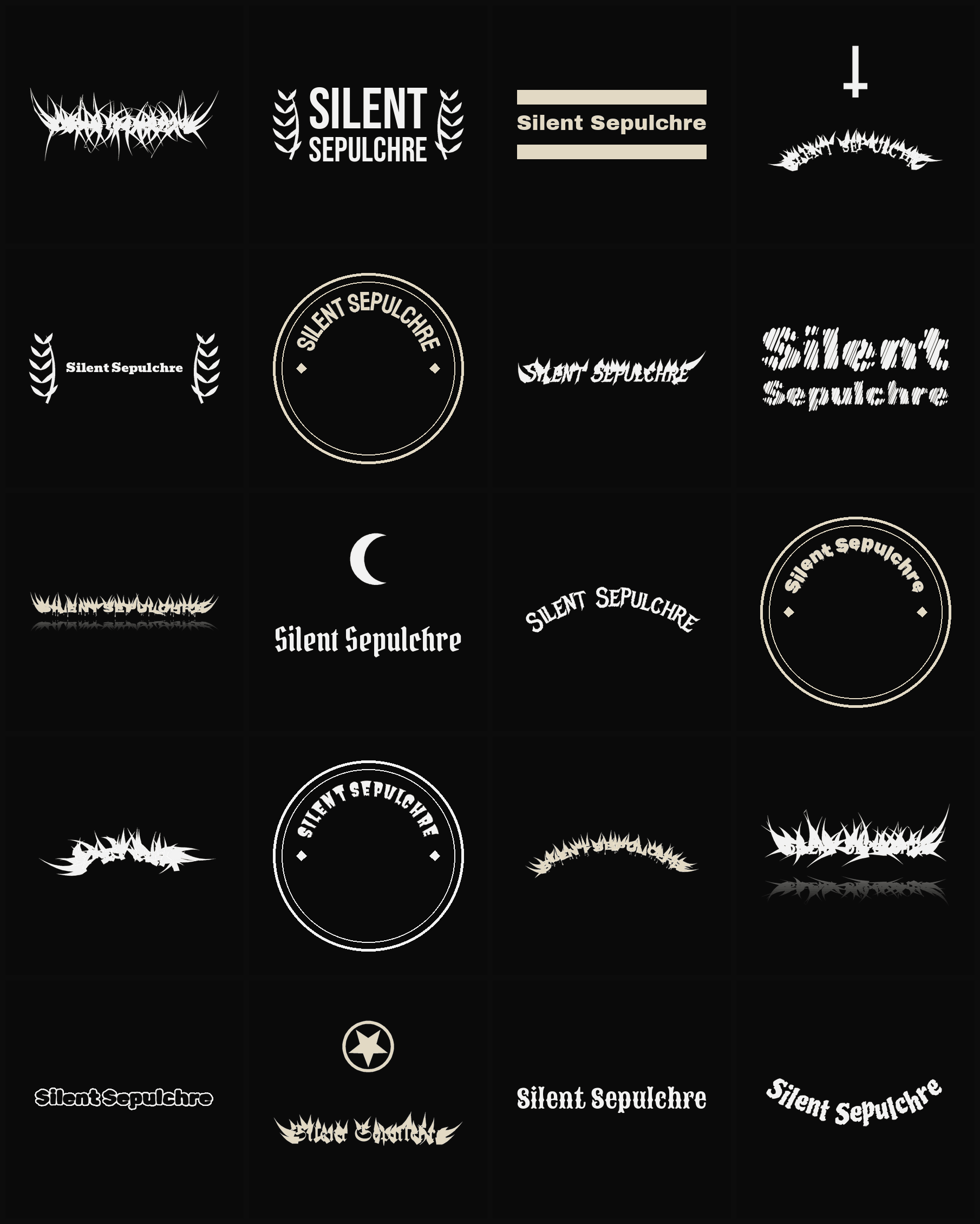 Twenty Silent Sepulchre band logo ideas — different faces, treatments and spike settings
