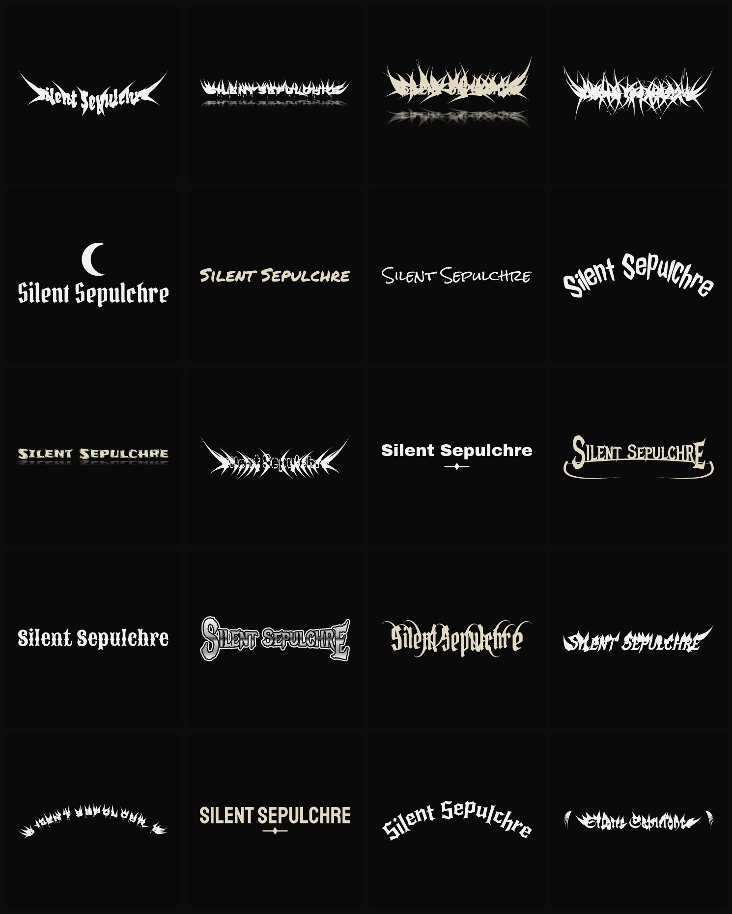 Twenty Silent Sepulchre band logo ideas — different faces, treatments and spike settings