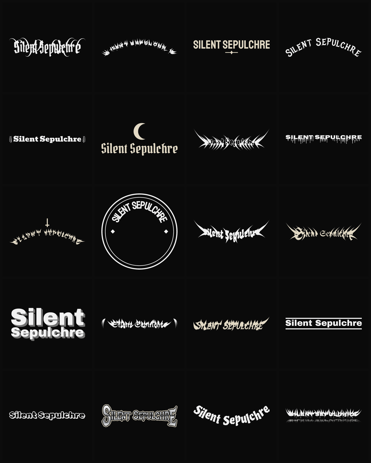 Twenty Silent Sepulchre band logo ideas — different faces, treatments and spike settings
