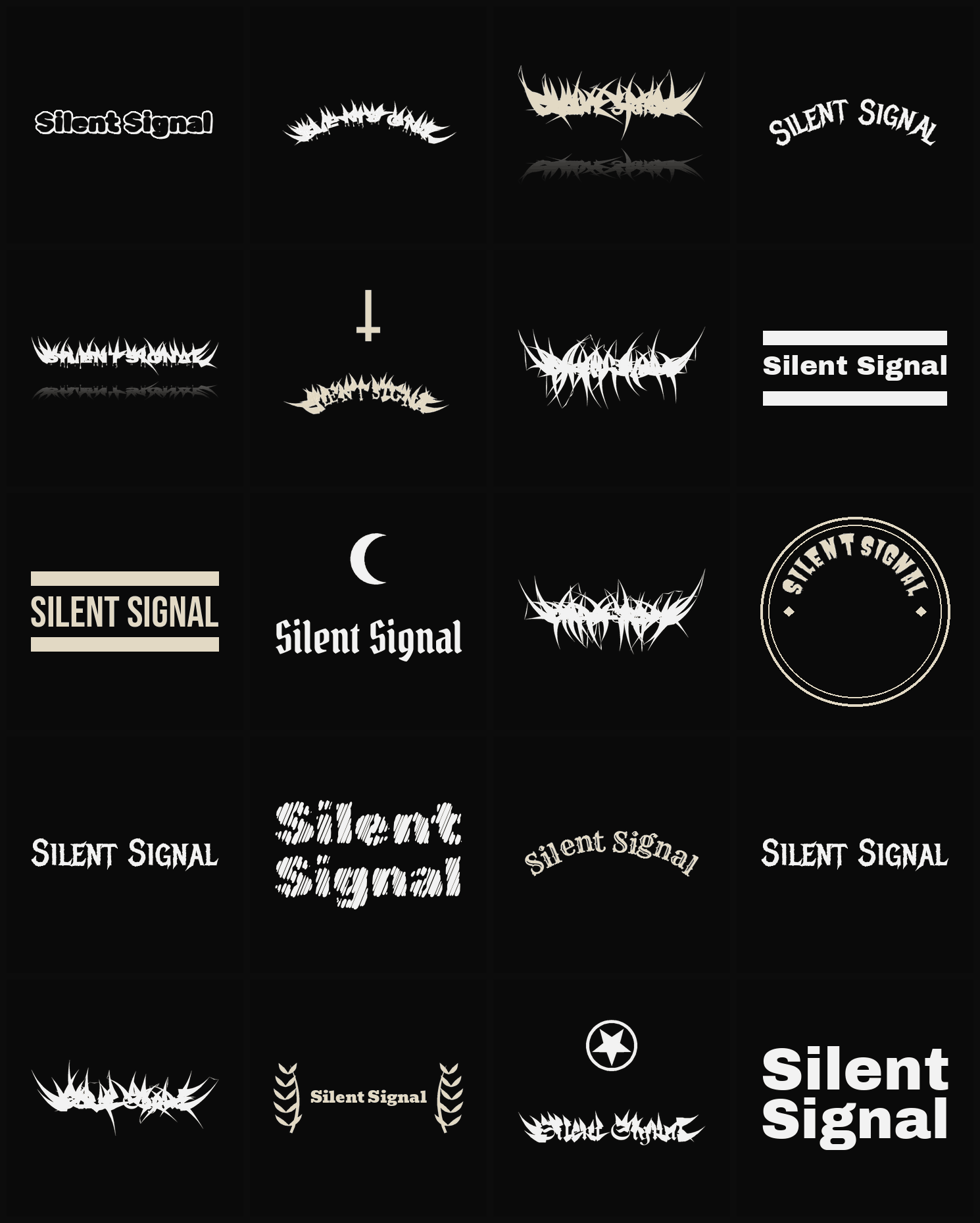 Twenty Silent Signal band logo ideas — different faces, treatments and spike settings