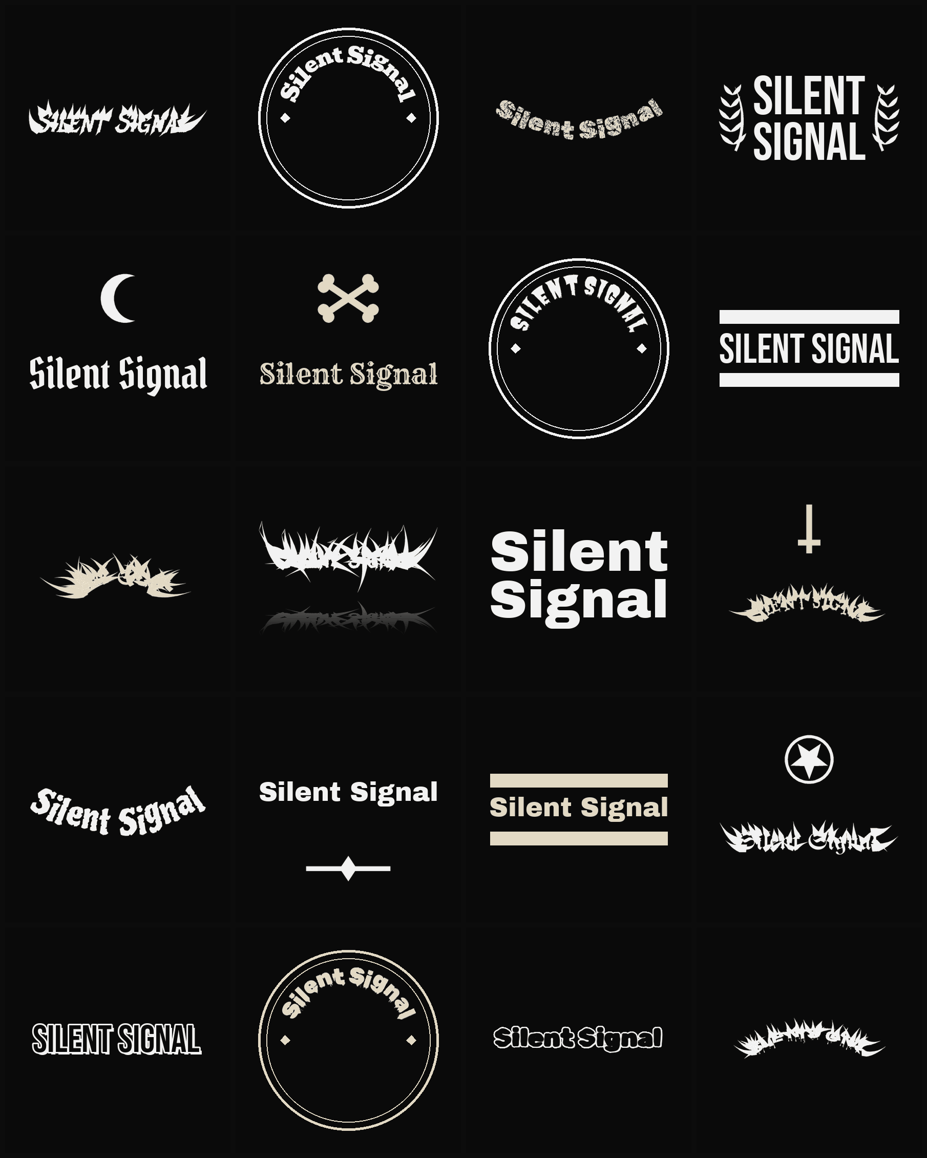 Twenty Silent Signal band logo ideas — different faces, treatments and spike settings