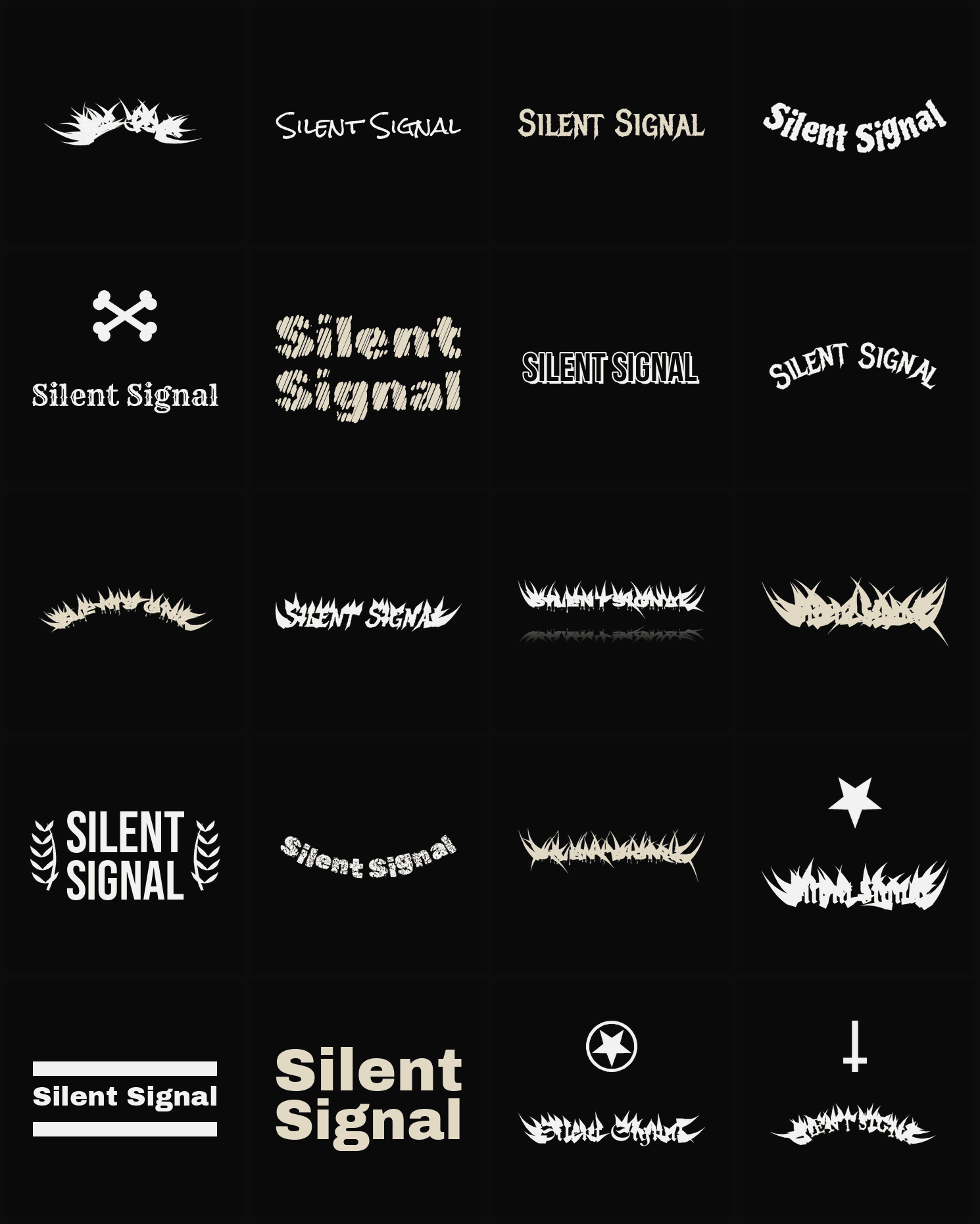 Twenty Silent Signal band logo ideas — different faces, treatments and spike settings