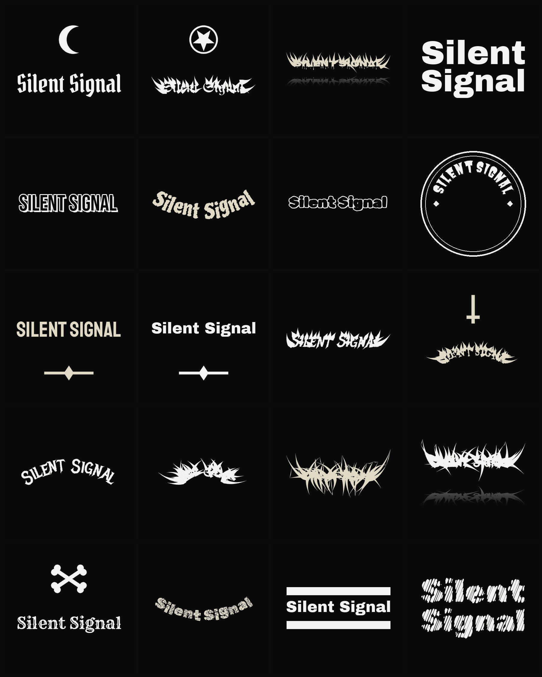 Twenty Silent Signal band logo ideas — different faces, treatments and spike settings