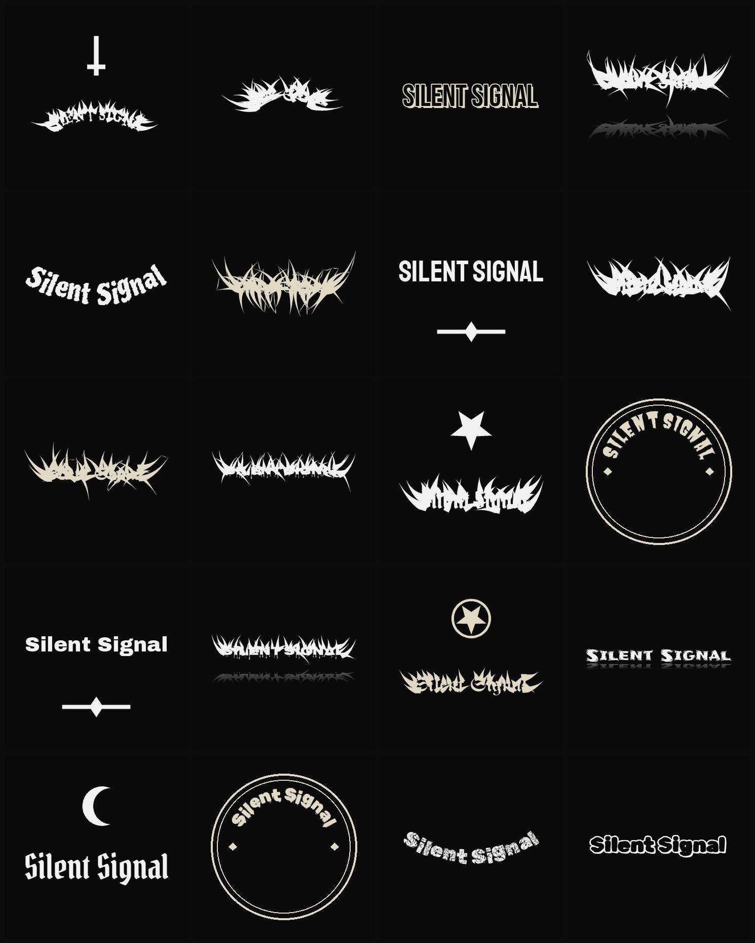 Twenty Silent Signal band logo ideas — different faces, treatments and spike settings