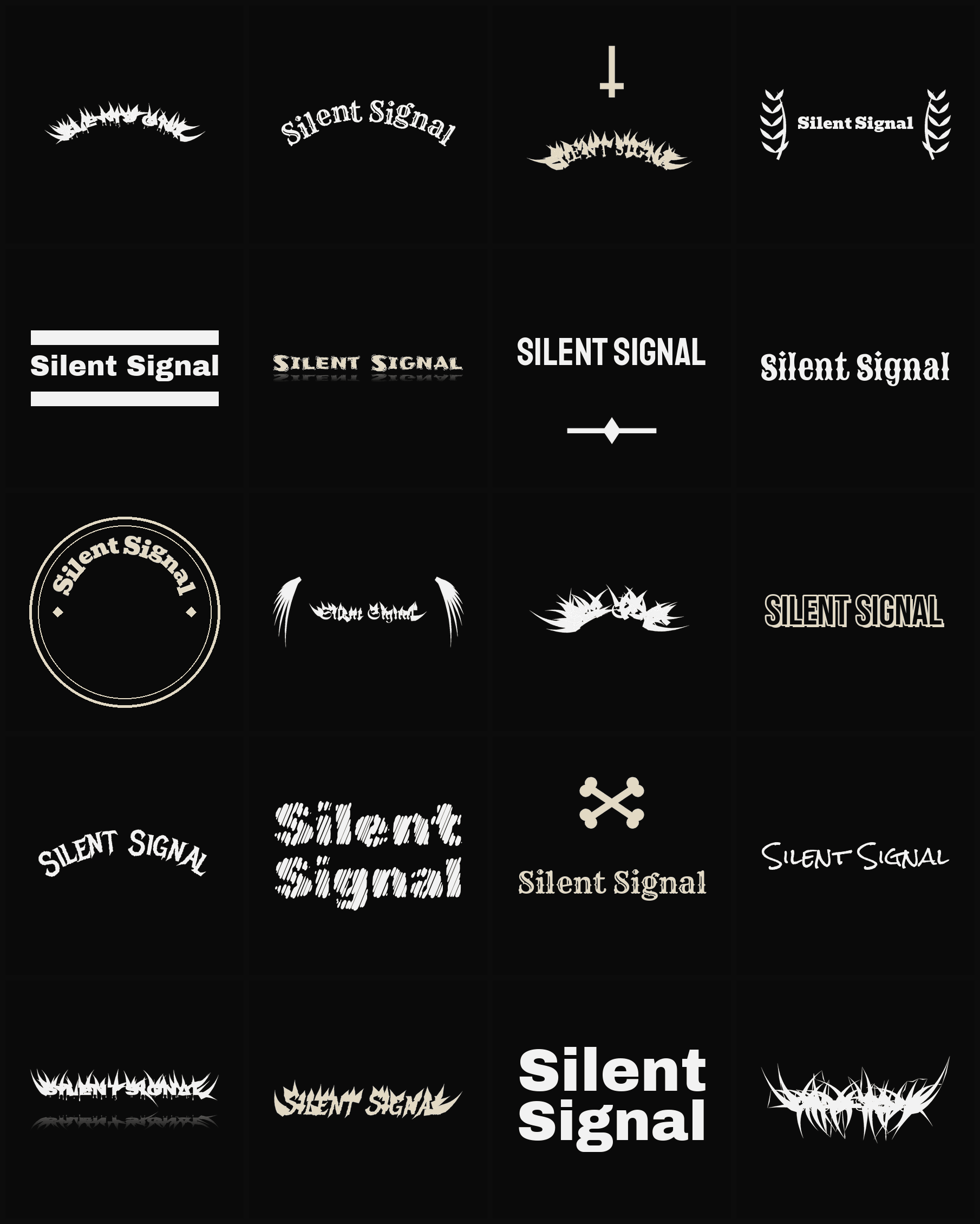 Twenty Silent Signal band logo ideas — different faces, treatments and spike settings