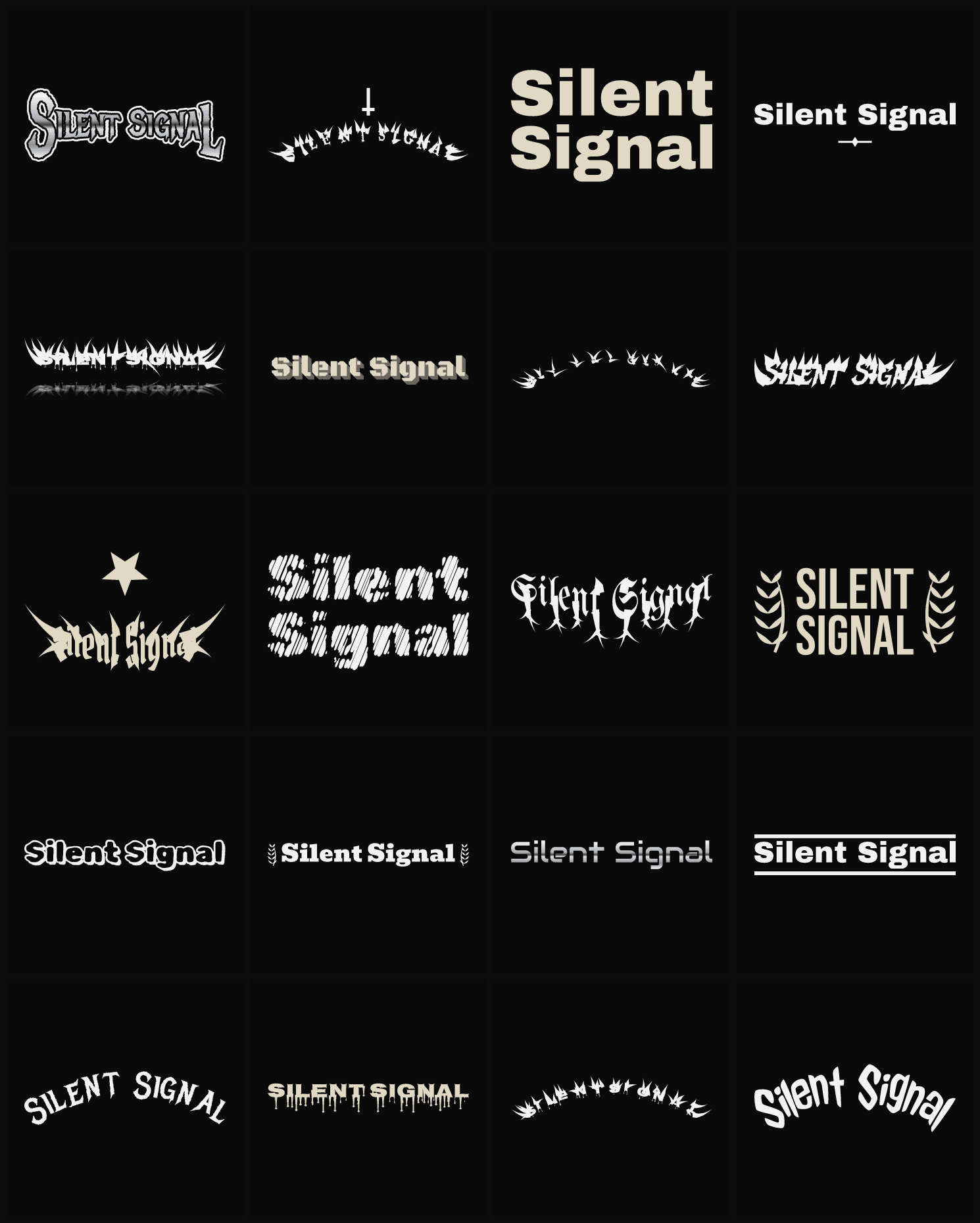 Twenty Silent Signal band logo ideas — different faces, treatments and spike settings