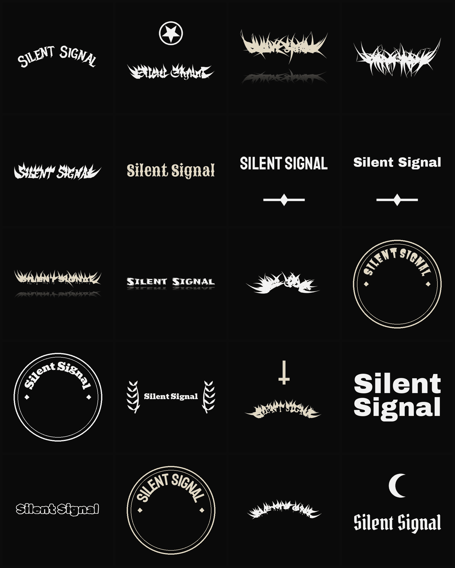 Twenty Silent Signal band logo ideas — different faces, treatments and spike settings