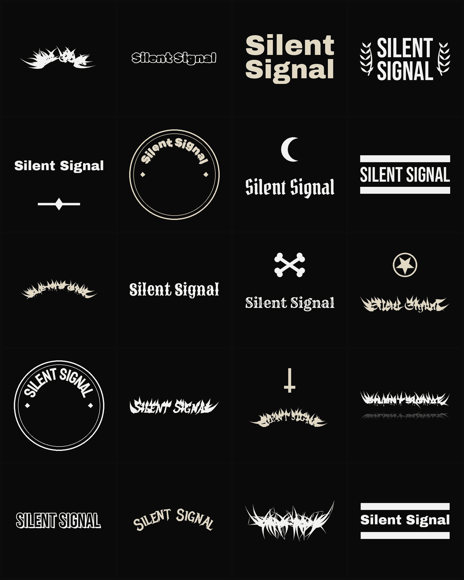 Twenty Silent Signal band logo ideas — different faces, treatments and spike settings