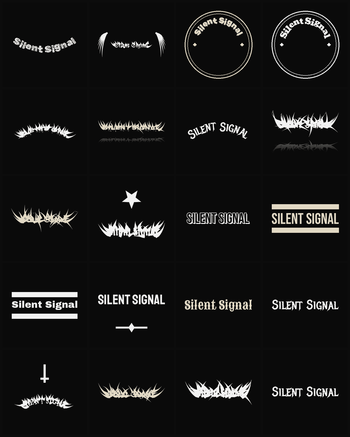 Twenty Silent Signal band logo ideas — different faces, treatments and spike settings