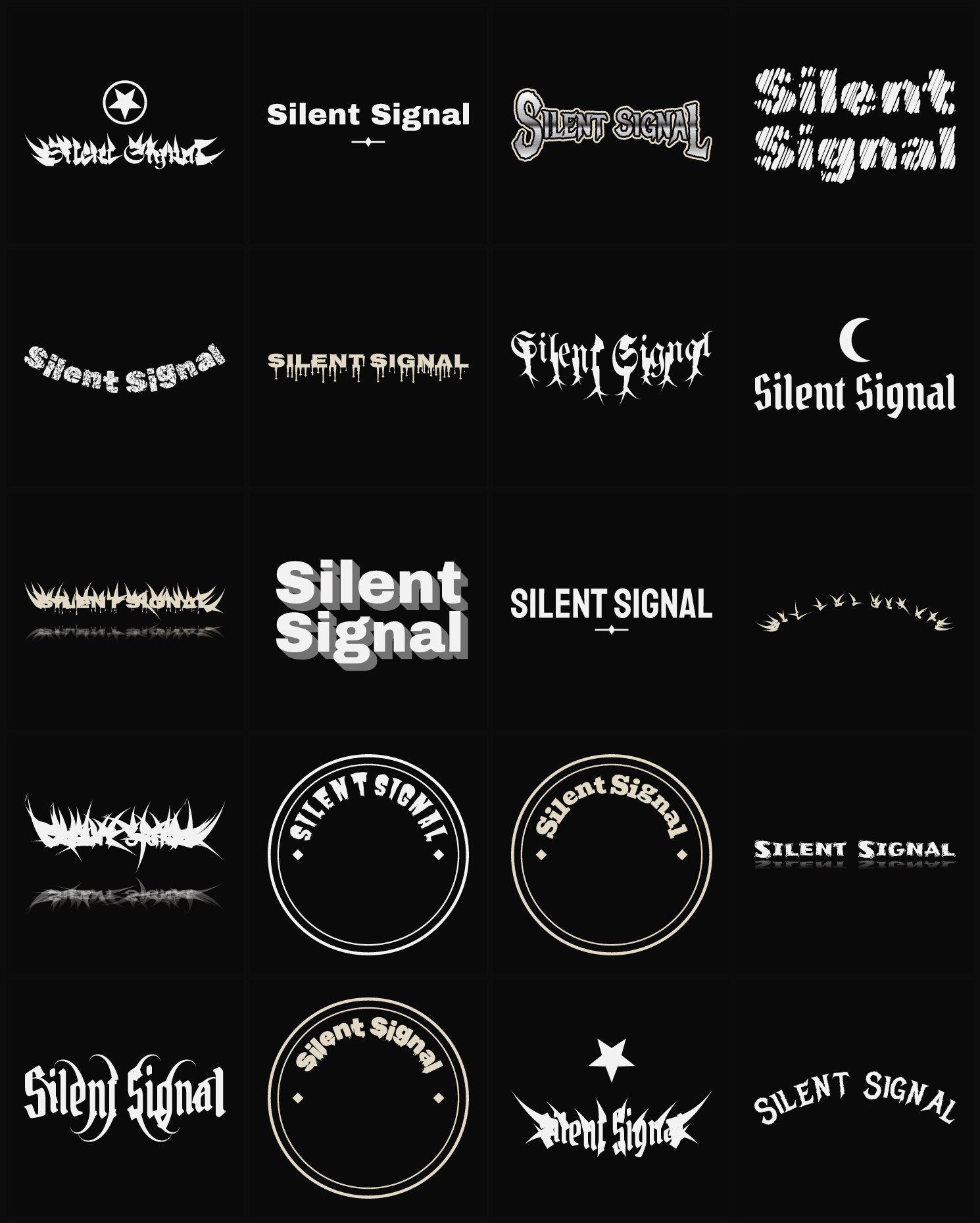 Twenty Silent Signal band logo ideas — different faces, treatments and spike settings