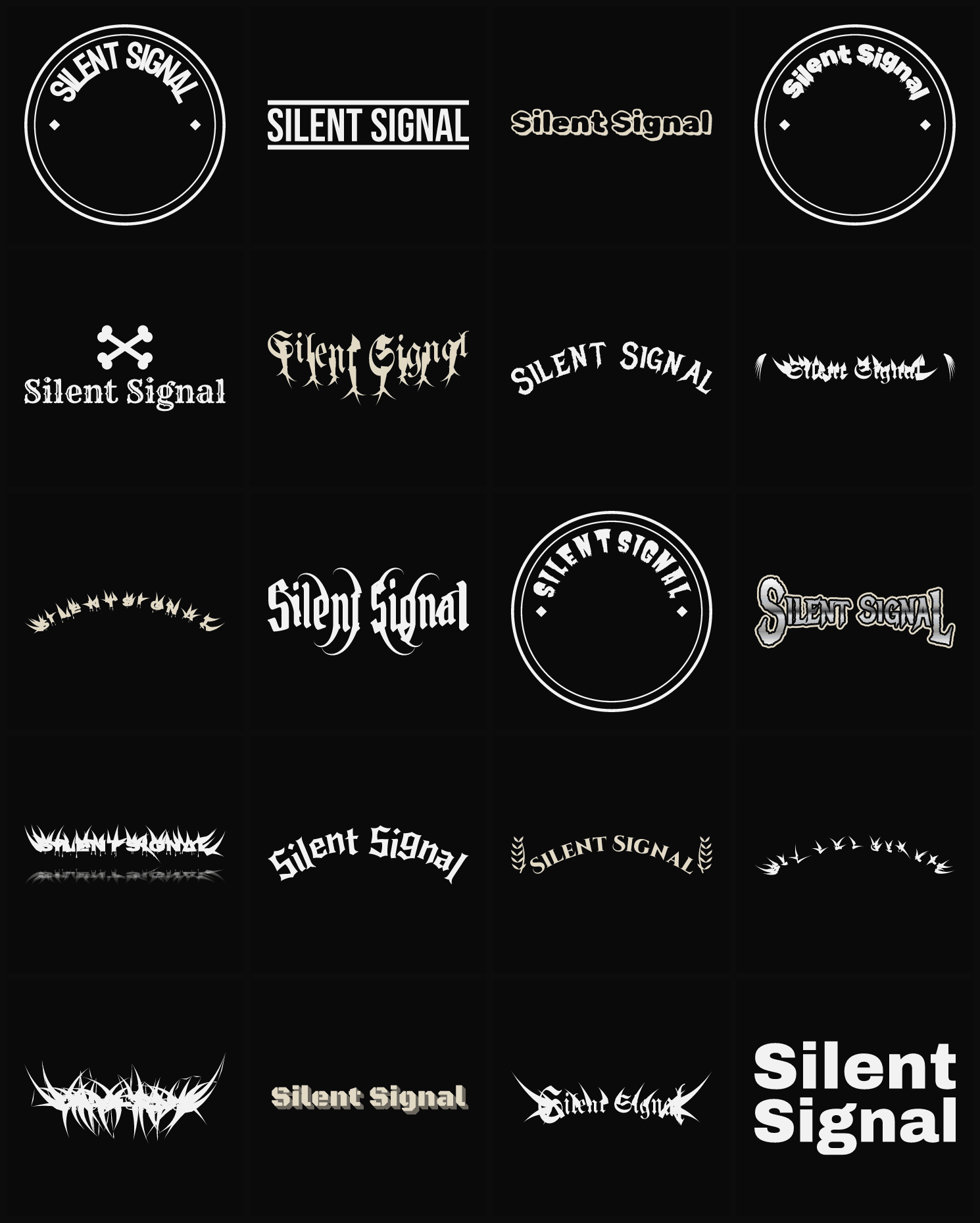 Twenty Silent Signal band logo ideas — different faces, treatments and spike settings