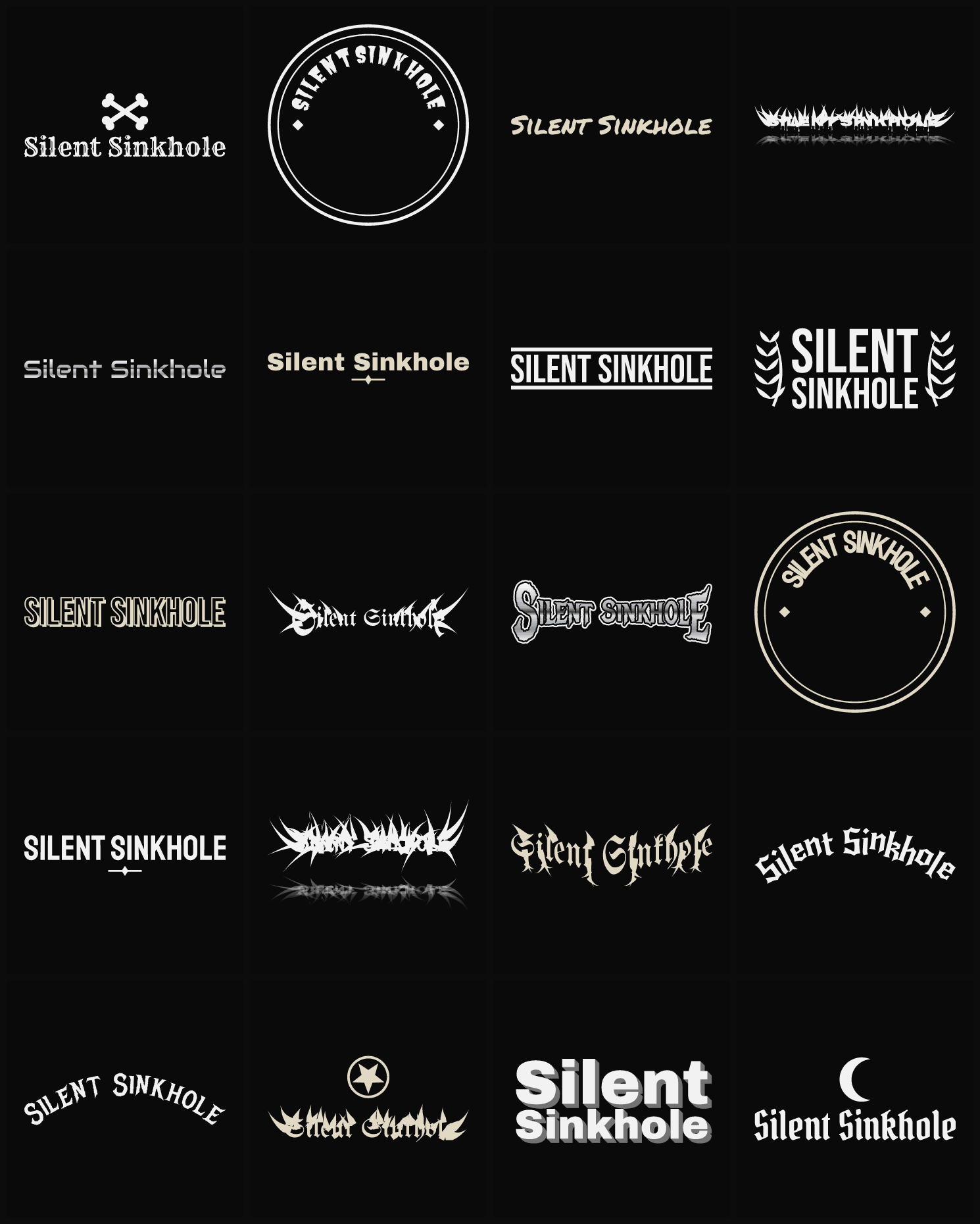Twenty Silent Sinkhole band logo ideas — different faces, treatments and spike settings