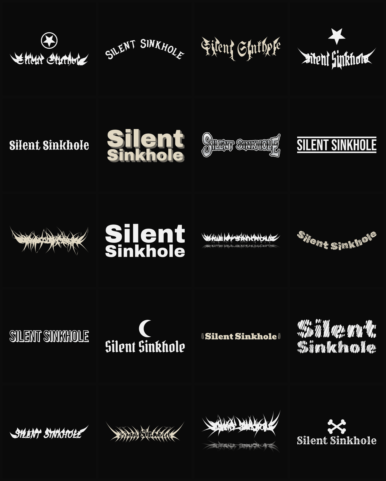 Twenty Silent Sinkhole band logo ideas — different faces, treatments and spike settings