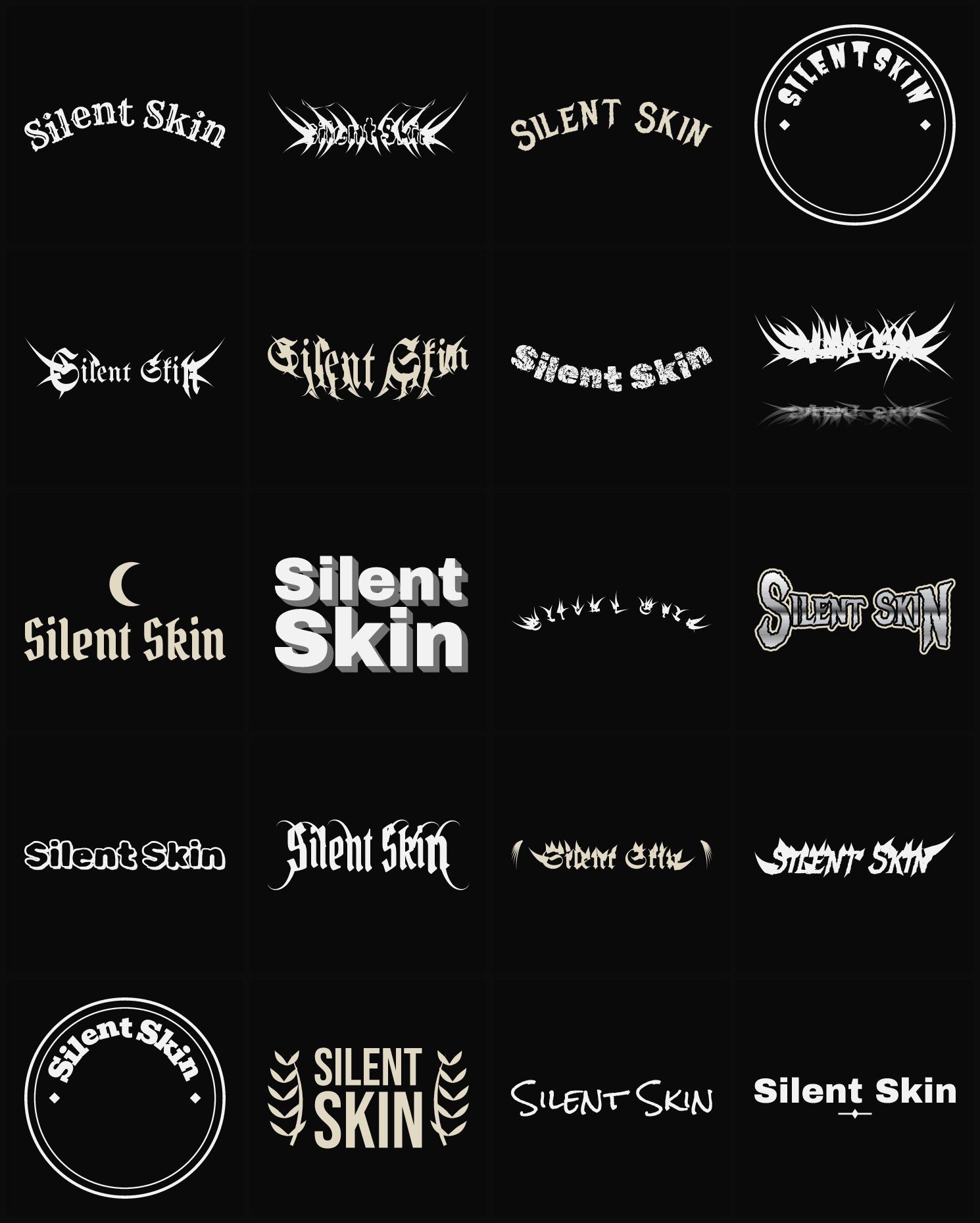 Twenty Silent Skin band logo ideas — different faces, treatments and spike settings
